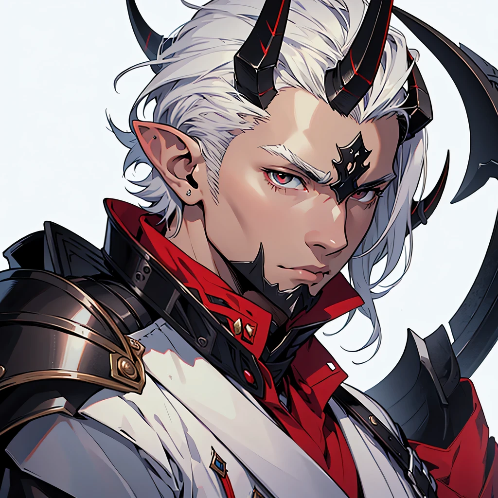 anime, masterpiece, best quality, by professional artist, male, solo, upper body portrait, detailed composition, detailed eyes, white background, short white slick back hair, elf, black eyes, lean muscle, no sleeves, horns, wearing red and black medieval fantasy armor