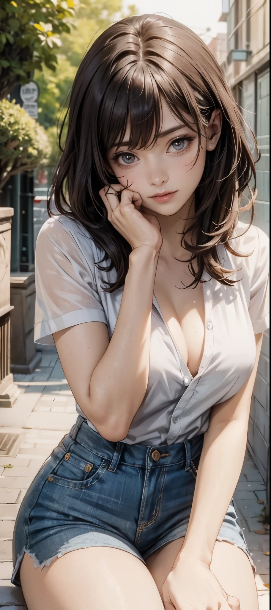 girl in summer clothes, white blouse, light blue shorts, pantyhose or long stockings, making like she wants to kiss you, view from viewer, medium breasts, cleavage, random backgroud, flirtatious look, ((very detailed)), (perfectly detailed face), (well detailed hand) photorealistic image.