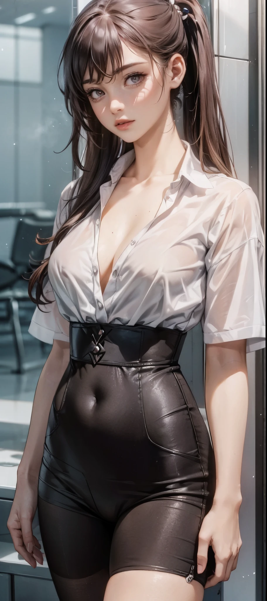 girl in summer clothes, white blouse, light blue shorts, pantyhose or long stockings, making like she wants to kiss you, view from viewer, medium breasts, cleavage, random backgroud, flirtatious look, ((very detailed)), (perfectly detailed face), (well detailed hand) photorealistic image.