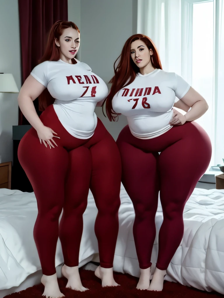 Extra arms. Coming out of bodyHolding two red hair beautiful polish woman detatched Heads), three huge muscular legs standing ,with huge round droopy breast,( very top heavy)bright red hair, two heads on one body, in a bedroom, wearing leggings,  white tshirt, full body, , brunette goddess, instagram model, busty, pale skin,, a gorgeous red head woman  ,cute freckles, straight hair, massive breasts, thick, chubby, fat stomach, visible curves, pale skin,conjoined twins, one body, thick legs with feet, huge thighs, huge robins breasts, top and bottom heavy(defined muscles, yoga pants,)