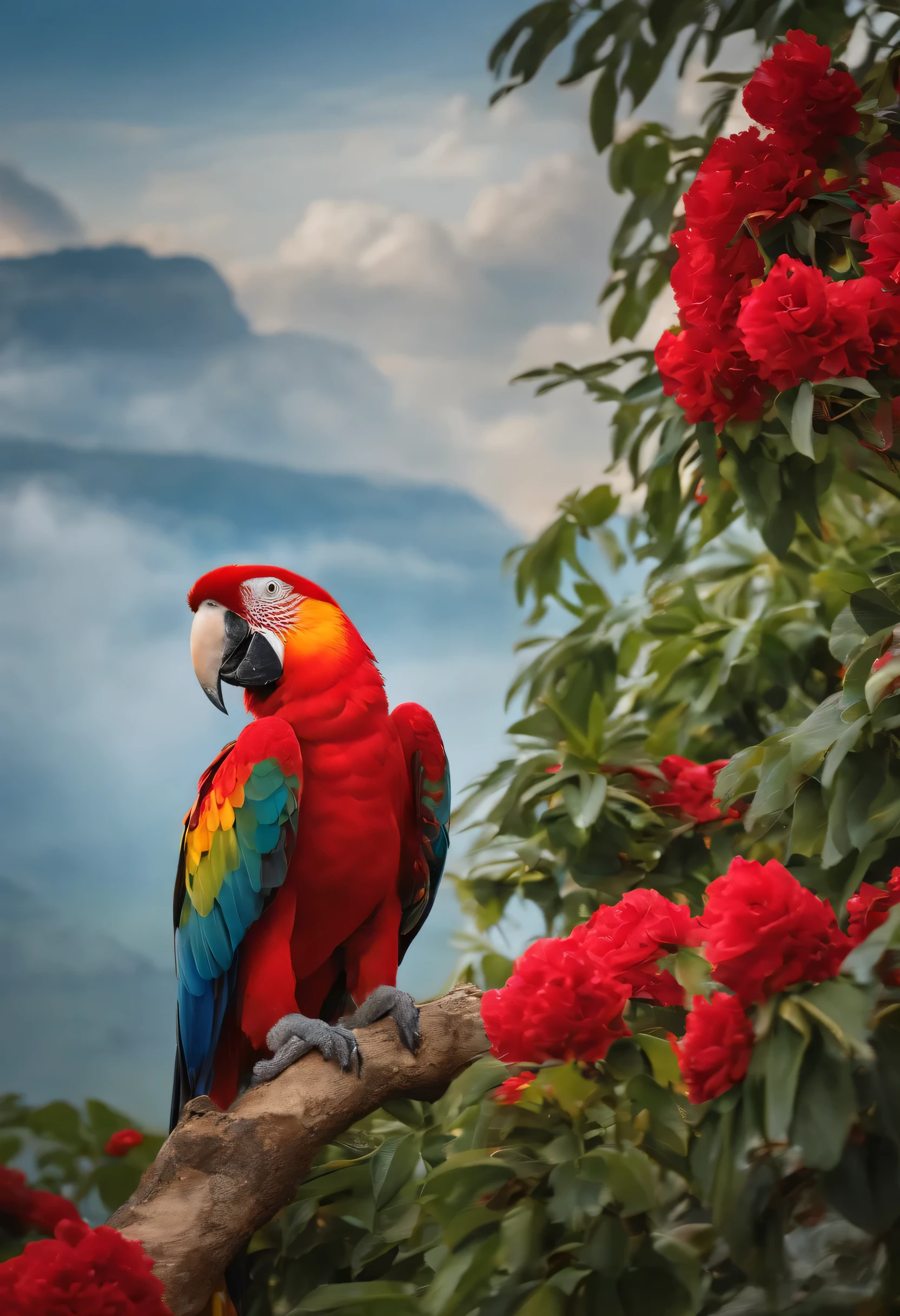 National Day poster,fundo vermelho,Small elements of golden music,The picture is simple,atmospurate,high high quality,Musical elements,Auspicious clouds,Red tone,Complex and beautiful,opulent,Landscapes, parrot and flowers