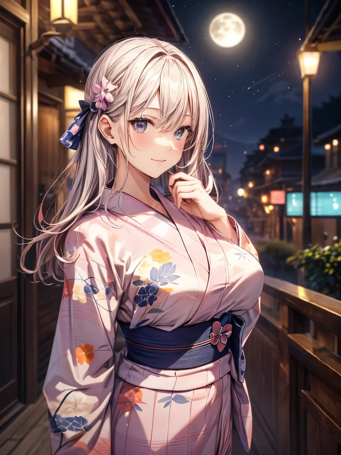 highest quality、complete limbs、Refers to the whole、1 beautiful woman、beautiful big breasted woman:1.3、pink haired woman、big smile、straight hair woman、(((Woman in pink yukata:1.3)))、((Exterior of the inn illuminated))、night、full moon、river