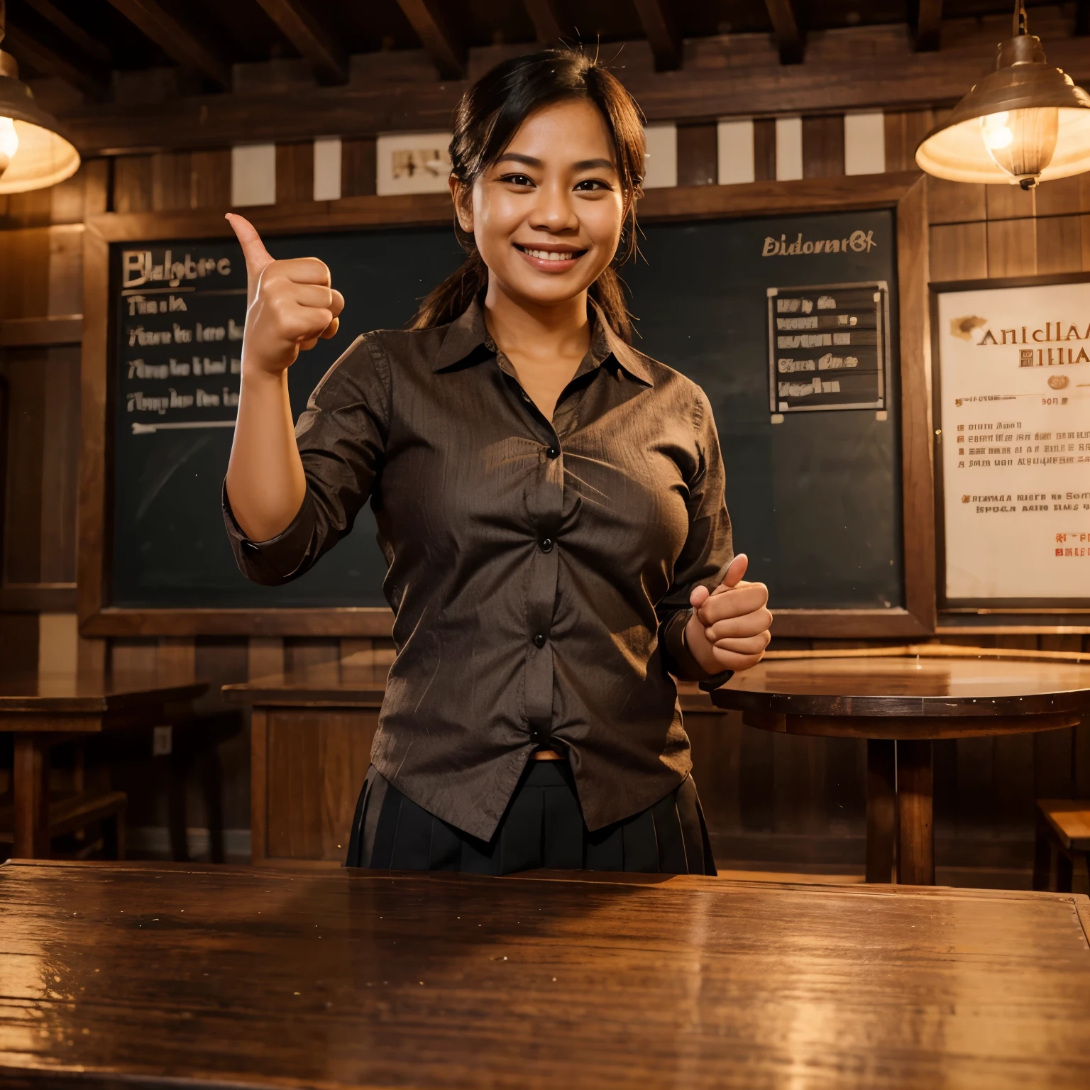 Caricature image of a teacher (Indonesia) wearing a songkok, shirt with a tie, posing upright, smiling while pointing at a blackboard, a circular base made of varnished wood with small writing that says "Iskandar". wooden table background in a cozy room, very realistic, 8K resolution.