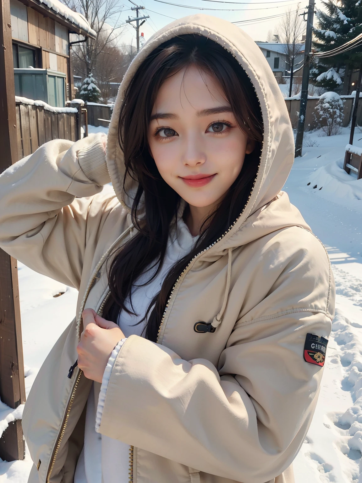 highest quality, masterpiece, ultra high resolution, realistic, 1 girl, smile, はにかんだsmile, brown hair, realistic skin texture, hooded coat, snow scene, cute, 8K