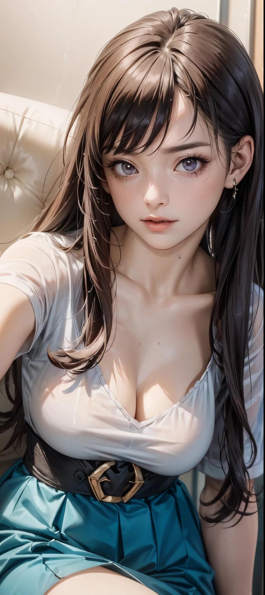 girl in summer clothes, white blouse, light blue shorts, pantyhose or long stockings, making like she wants to kiss you, view from viewer, medium breasts, cleavage, random backgroud, flirtatious look, ((very detailed)), (perfectly detailed face), (well detailed hand) photorealistic image.