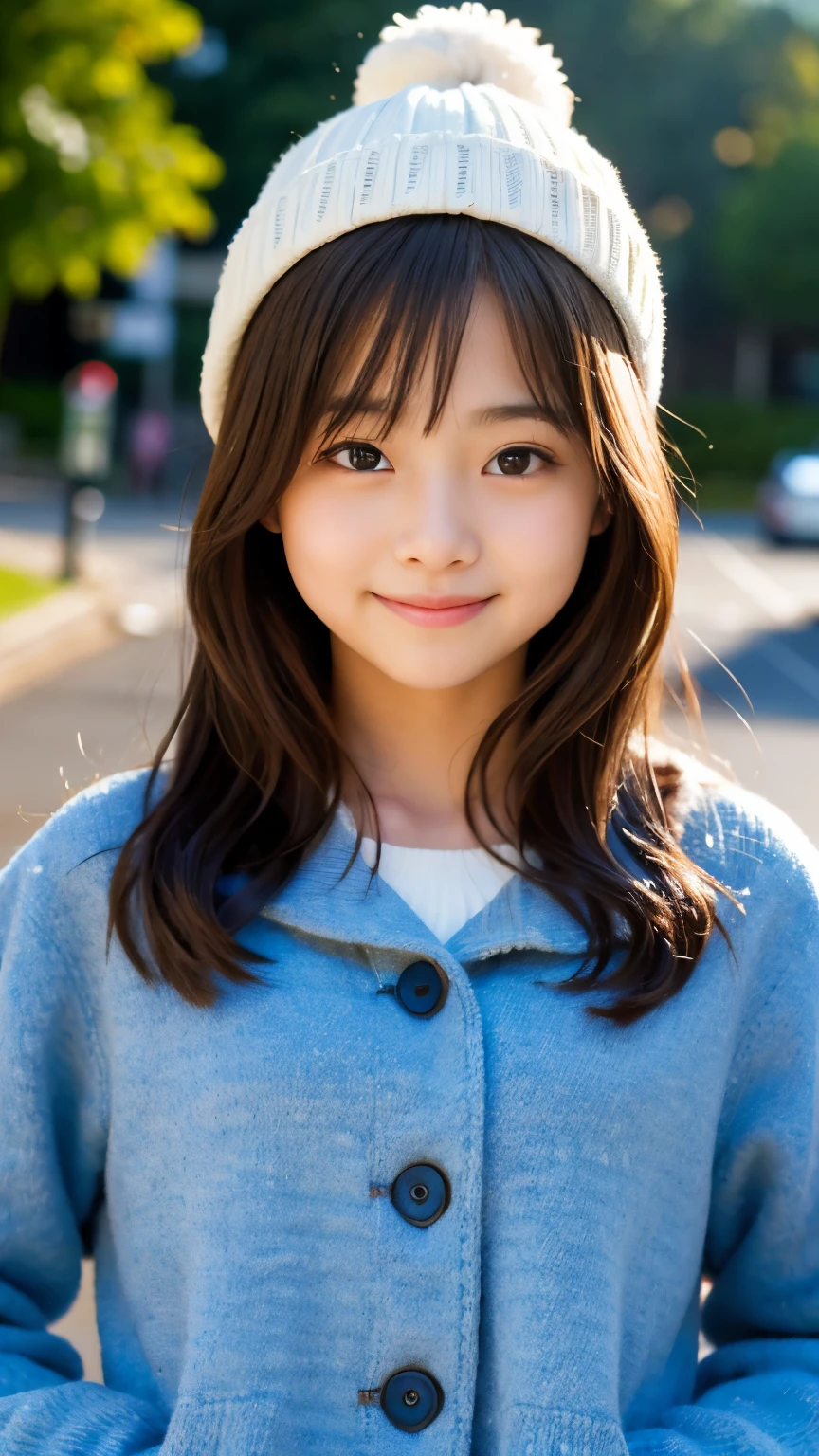 Best-quality, Masterpiece, Ultra-High-Resolution, (Photorealistic:1.4), Raw-Photo, 1girl, the most famous Japanese idol, 12-years-old, wearing winter-coat, hands on hip, innocent-smile, extremely beautiful skins, extremely beautiful big-eyes, extremely beautiful hair, extremely cute face like the most popular Japanese idol, extremely beautiful long-eyelashes, extremely beautiful lips