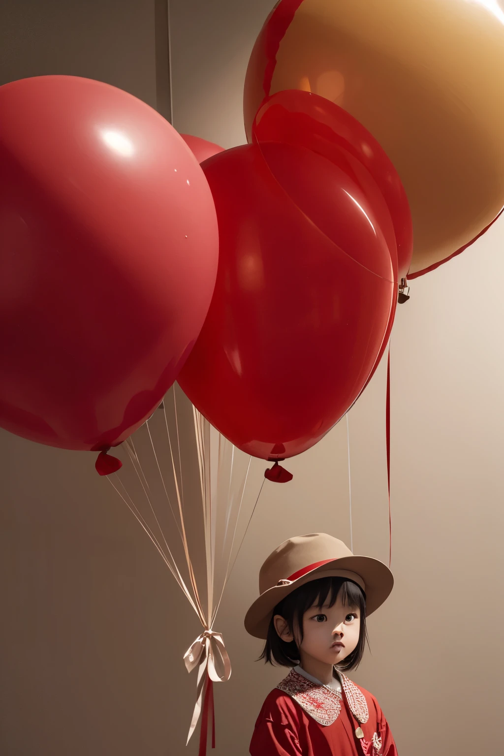 (特别多的红色balloon) balloon, balloon, Balloon red hat, Red Hat, Shot with Canon eos r5 (Indoor shot of extraordinarily many red balloons on beige background) (Smaller characters, more balloons, and more successful balloon points)