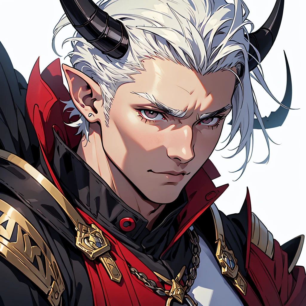 (masterpiece, best quality:1.2), (absurd res, high res, ultra detailed), 1 male, adult, handsome, tall , broad shoulders, white hair,(very short hair, buzzed at forehead) , finely detailed eyes, portrait, looking at viewer, solo, half shot, detailed background, detailed face, (god of Ghenna ), smirk, devil, Long black latex tunic, Bare shoulders, bare arms, long black Gloves,