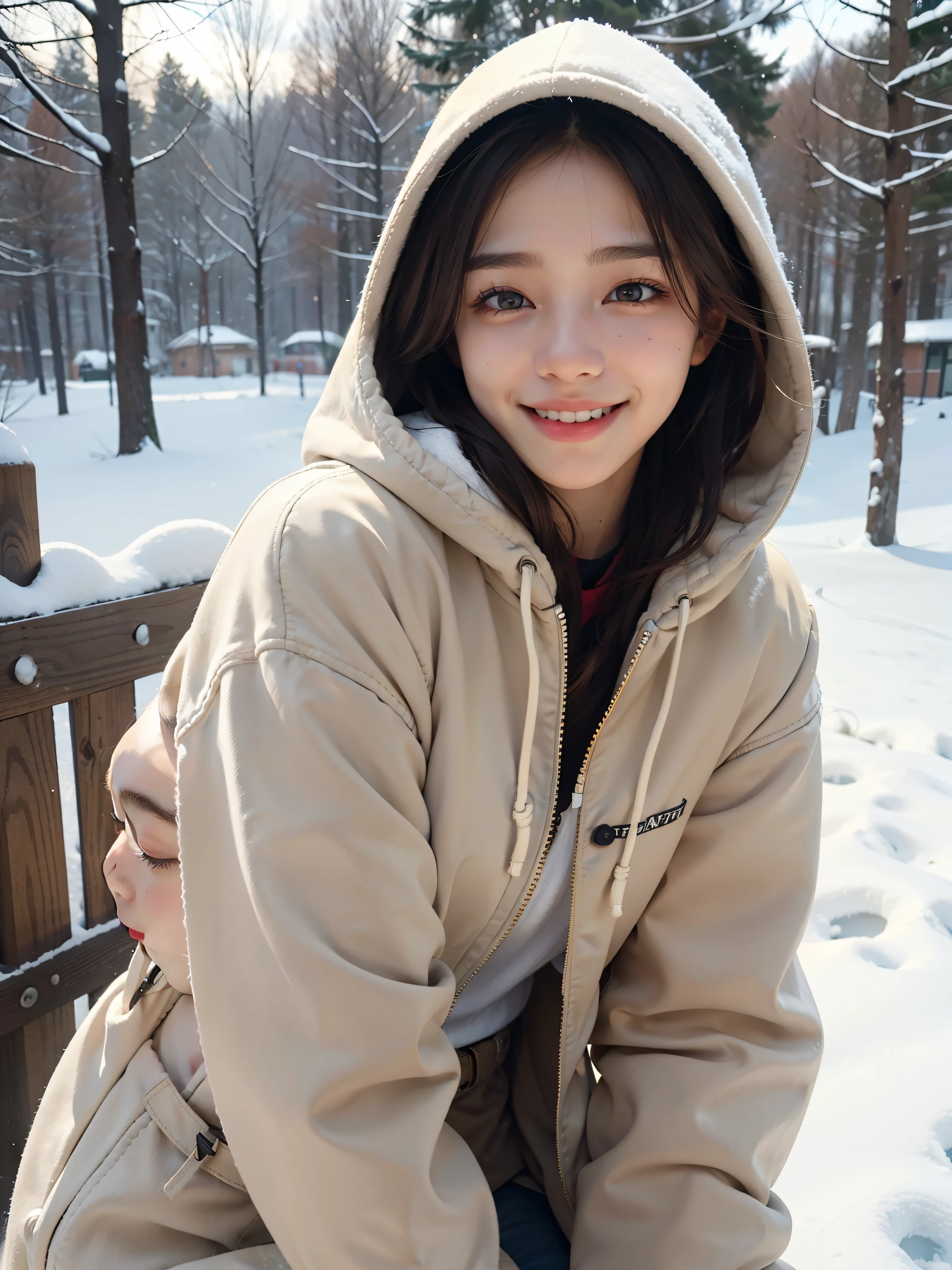 highest quality, masterpiece, ultra high resolution, realistic, 1 girl, smile, はにかんだsmile, brown hair, realistic skin texture, hooded coat, snow scene, cute, 8k