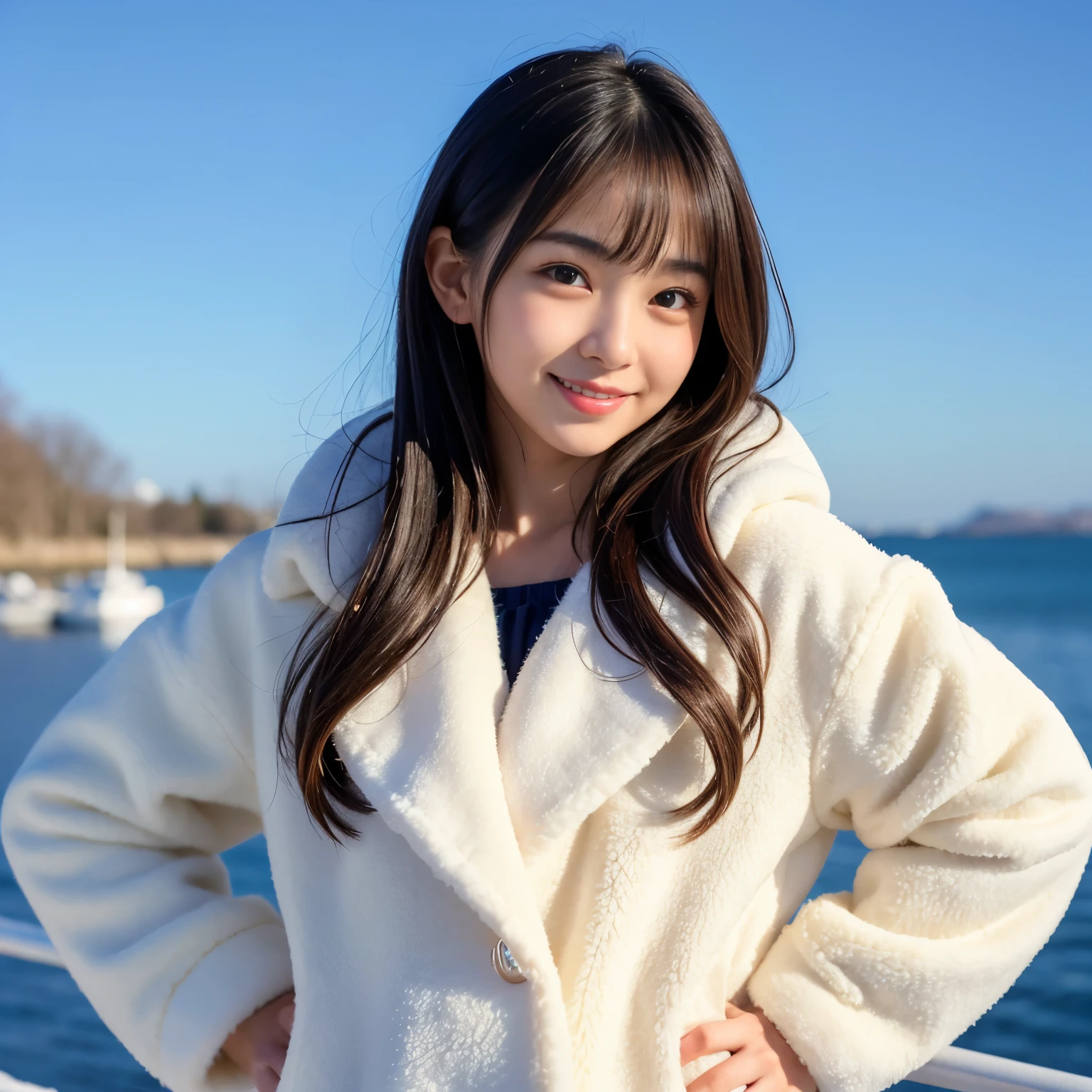 Best-quality, Masterpiece, Ultra-High-Resolution, (Photorealistic:1.4), Raw-Photo, 1girl, the most famous Japanese idol, wearing winter-coat, hands on hip, innocent-smile, extremely beautiful skins, extremely beautiful big-eyes, extremely beautiful hair, extremely cute face like the most popular Japanese idol, extremely beautiful long-eyelashes, extremely beautiful lips