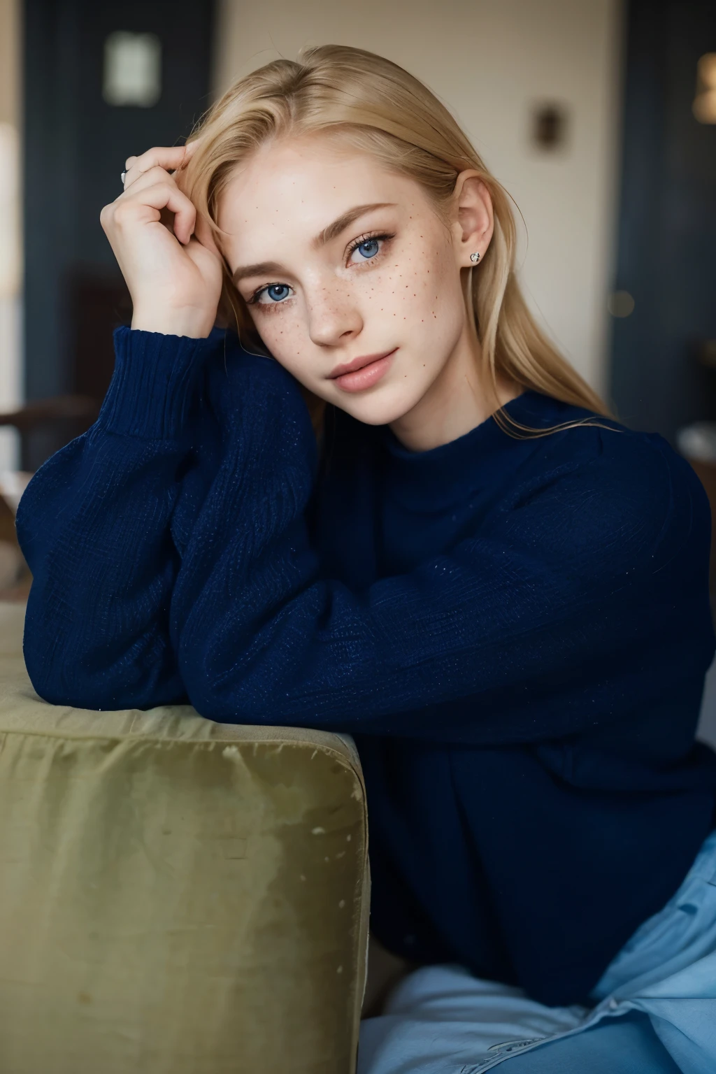 mulher, americana, 25 anos, pale skin and freckles, olhos cinzas, nariz delicado, soft and delicate lips, Cabelo blondie cinza longo e ondulados, sorriso meigo