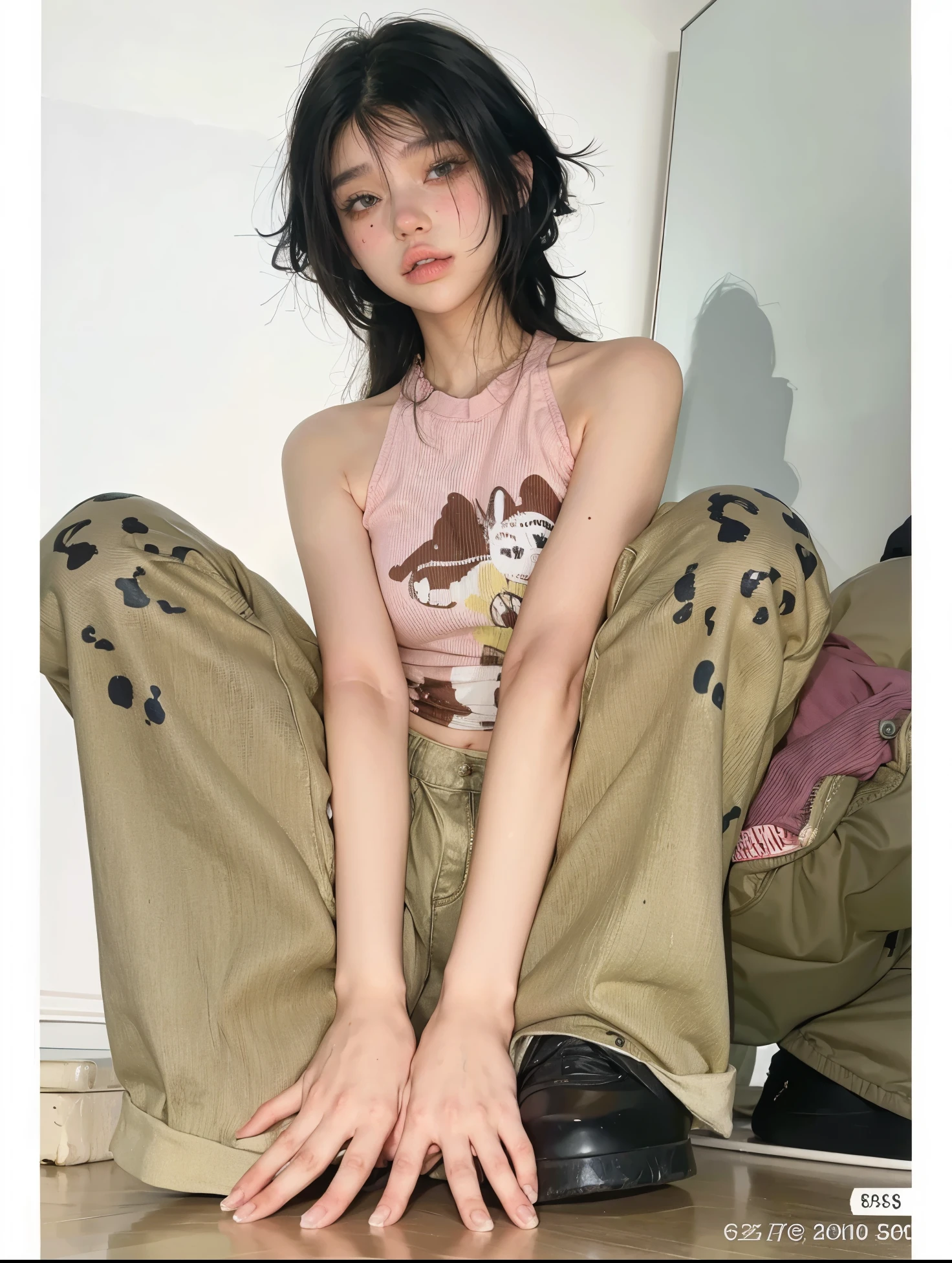 mujer araffada sentada en el suelo con las piernas cruzadas, y 2 k cutecore clowncore, estilo y2k, estilo y2k, camisa y jeans kawaii, ella parece una mezcla de grimes, estilo anime de los 90, estilo anime de los 90, vibraciones de anime, muy estetico!!!!!!, parece una mezcla de mugre, SFW