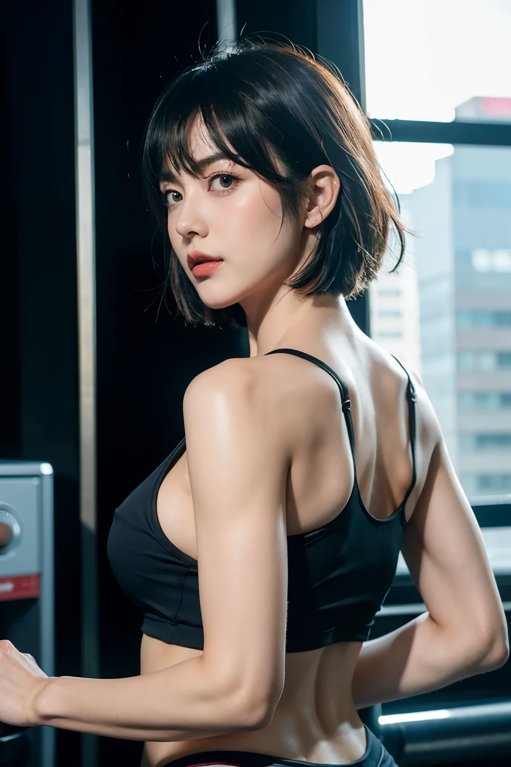 fubuki,,fubuki (One Punch Man),女性one person、one person、one person女子、big breasts、Gym、sportswear、toned body、slim body shape、big breasts、nipple、pink、綺麗なnipple
、back view