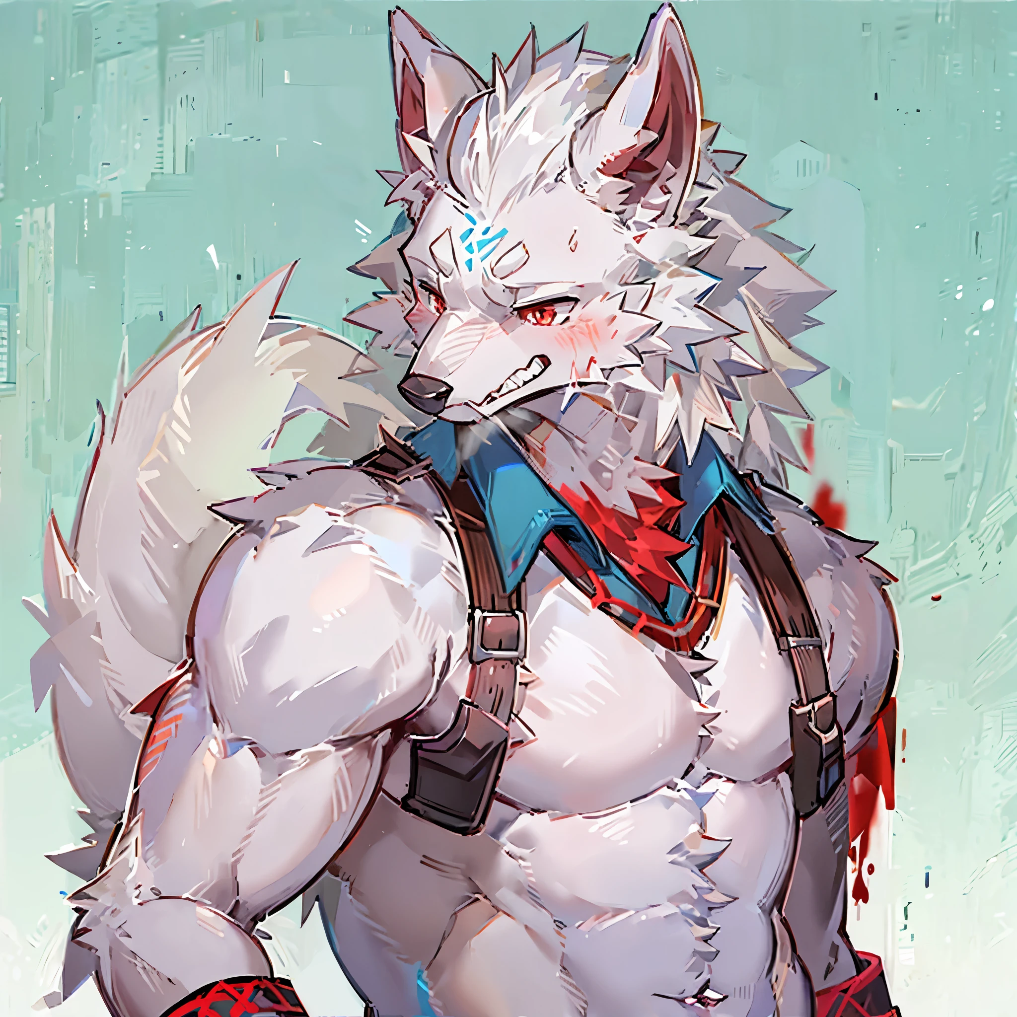 solo person, furry, werecreature, Male white wolf, Blue fur, Blue tail, White ears, Blood-red eyes, Red collar, musculature, male people, Handsome, (The furry feeling of animal ears)