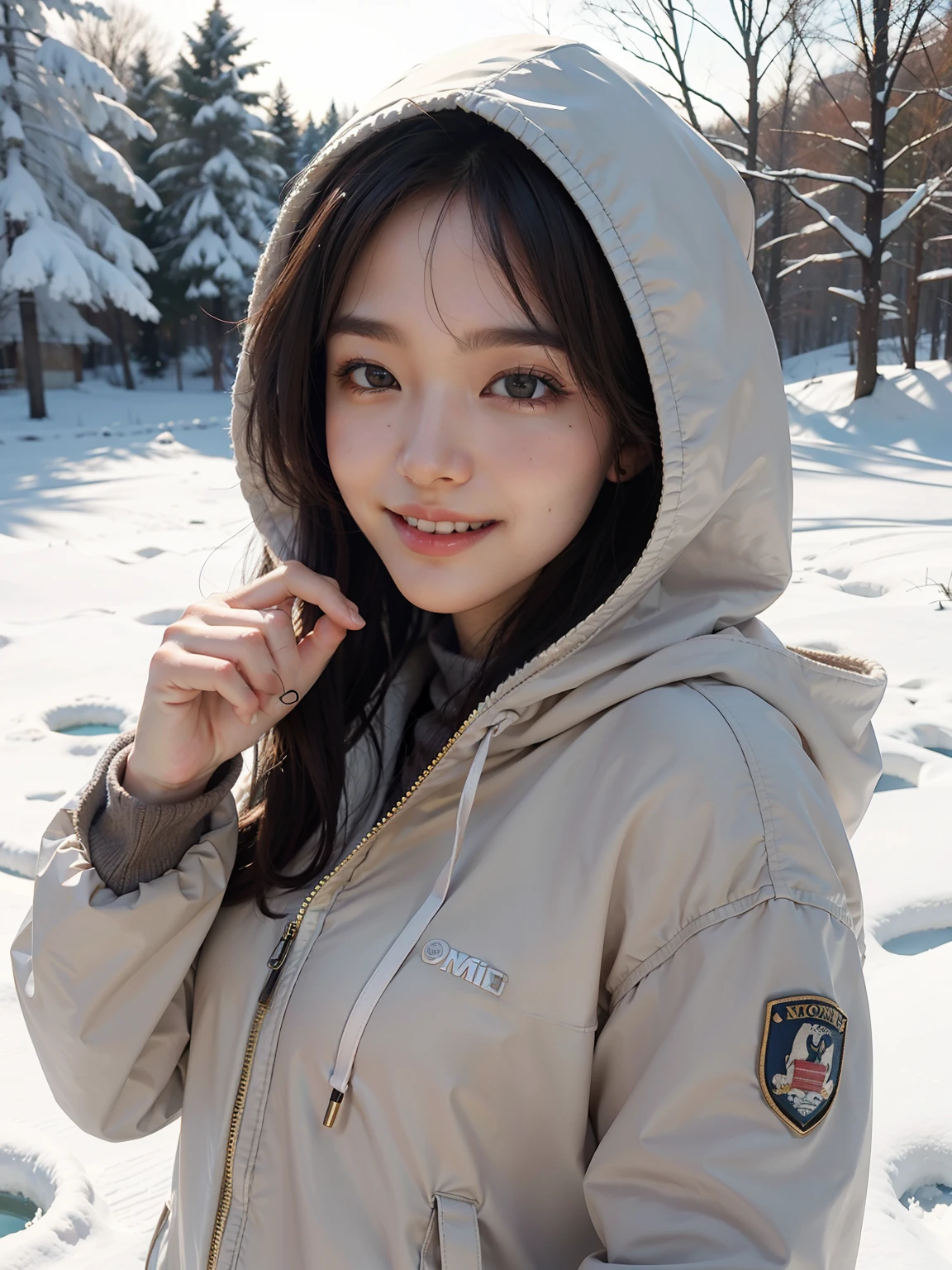 highest quality, masterpiece, ultra high resolution, realistic, 1 girl, smile, はにかんだsmile, brown hair, realistic skin texture, hooded coat, snow scene, cute, 8K