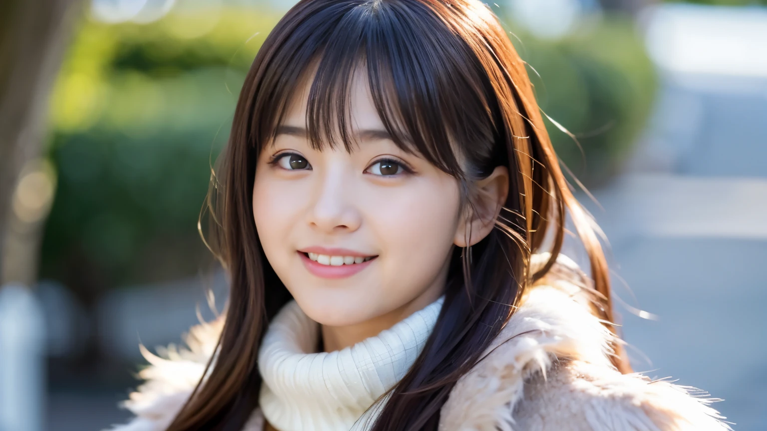 Best-quality, Masterpiece, Ultra-High-Resolution, (Photorealistic:1.4), Raw-Photo, 1girl, the most famous Japanese idol, wearing winter-coat, hands on hip, innocent-smile, extremely beautiful skins, extremely beautiful big-eyes, extremely beautiful hair, extremely cute face like the most popular Japanese idol, extremely beautiful long-eyelashes, extremely beautiful lips