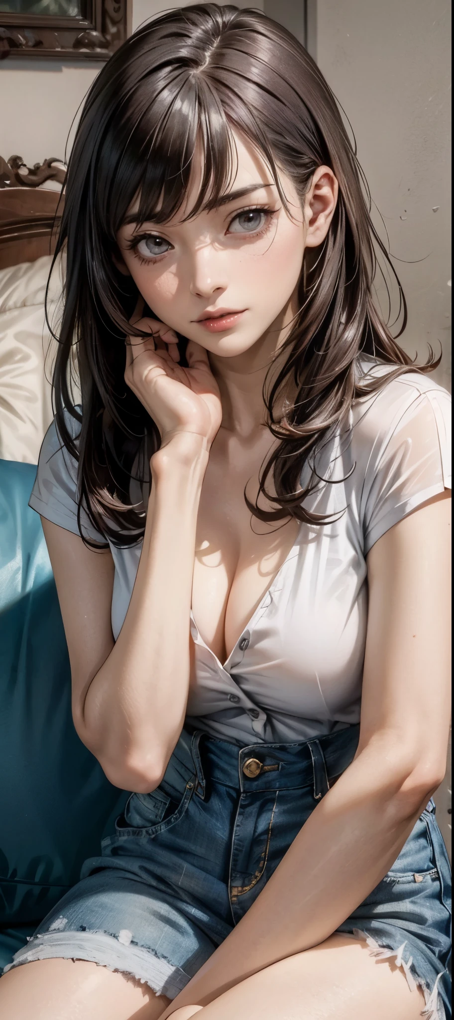 girl in summer clothes, white blouse, light blue shorts, pantyhose or long stockings, making like she wants to kiss you, view from viewer, medium breasts, cleavage, random backgroud, flirtatious look, ((very detailed)), (perfectly detailed face), (well detailed hand) photorealistic image.