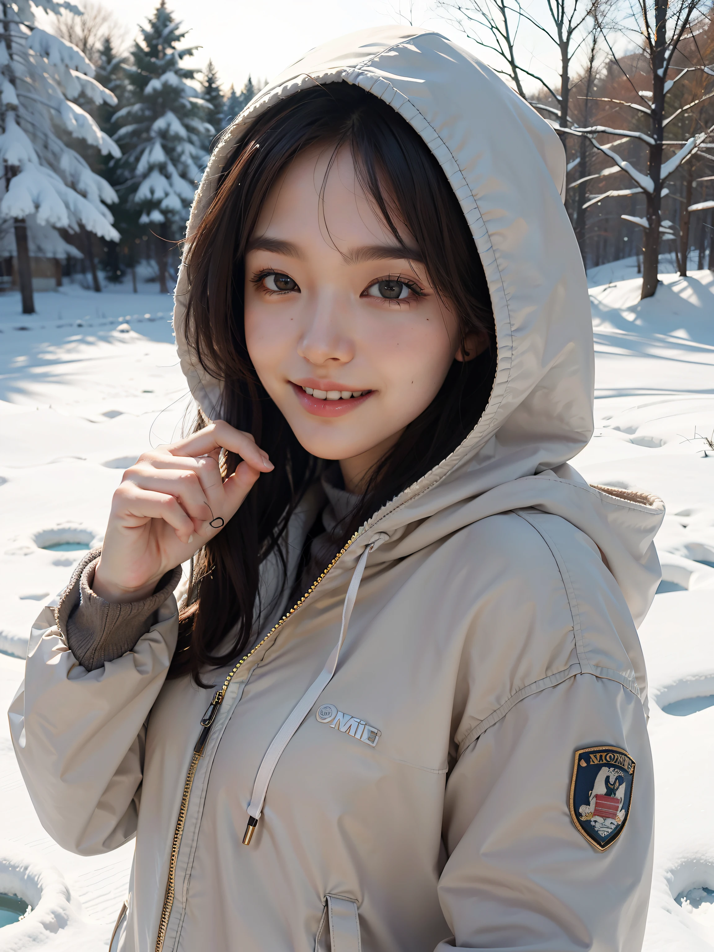 highest quality, masterpiece, ultra high resolution, realistic, 1 girl, smile, はにかんだsmile, brown hair, realistic skin texture, hooded coat, snow scene, cute, 8k