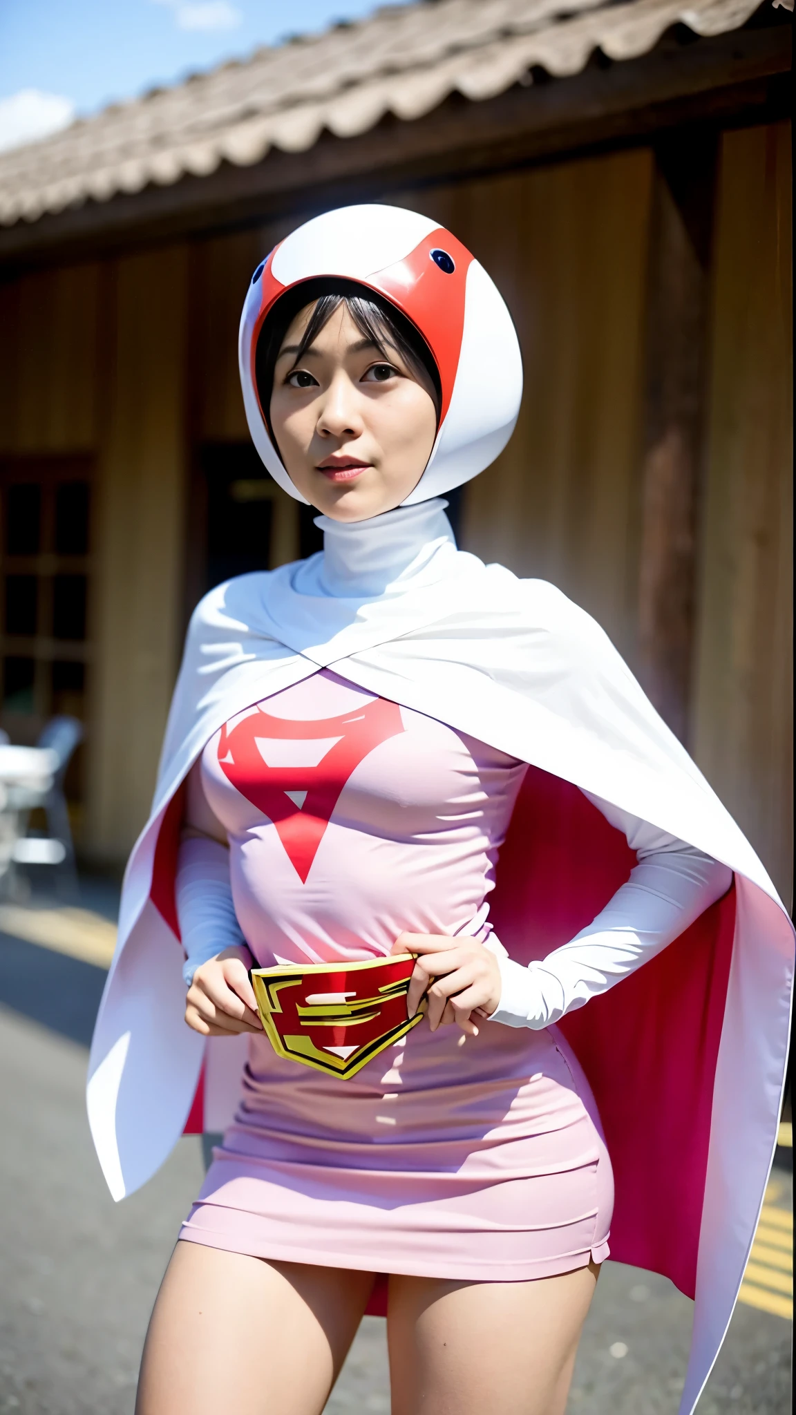 Arafe woman posing for a photo wearing a pink outfit and cloak, professional cosplay, power girl, anime cosplay, by Shinoda Toko, by Akira Toriyama, full-cosplay, As a retro-futuristic heroine, Drawn like the anime Speed Racer, Inspired by Hiromu Arakawa, cosplay photo, cosplay, sorry, anime girl cosplay