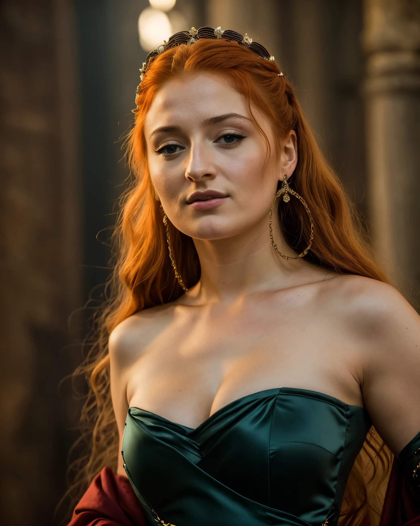 Foto RAW, Sansa Stark, Extremely gorgeous lady, Sansa Stark PLAYED BY Sophie Turner, Queen Sansa Stark, she is a mature woman now, milf, sexy mediaeval battle dress, gladiator woman, body, 45 years old Woman, body revealing costumes, perky breast, alluring figure, big natural breast, mediaeval costumes, mediaeval queen dress, erotic costumes, lusty physique, seductive figure can capture every people's attention, Game of thrones costumes, revealing captivating figure, Mediaeval costumes, revealing clothes, A tomboy, she would rather fence than dance, warrior queen , game of thrones screen caps, Game of Thrones Series, (pele altamente detalhada: 1.2), 8k UHD, DSLR, soft-lighting, alta qualidade, grain of film, Fujifilm XT3