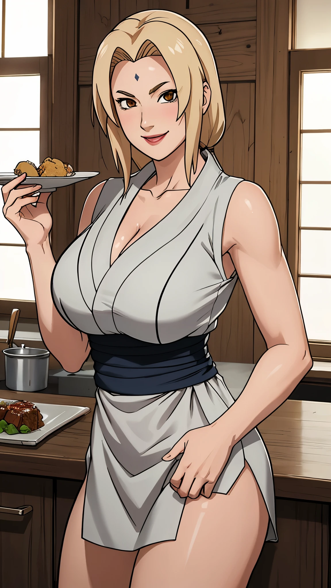 ((rizage)), chef-d&#39;artwork， The best quality at best， (1fille)， Tsunade Senju， gros seins，（clivage)，（gros plan du haut du corps)，High sexy，est timide，sourire，longs cheveux blonds, （globes oculaires marron:1.4)，corps mince