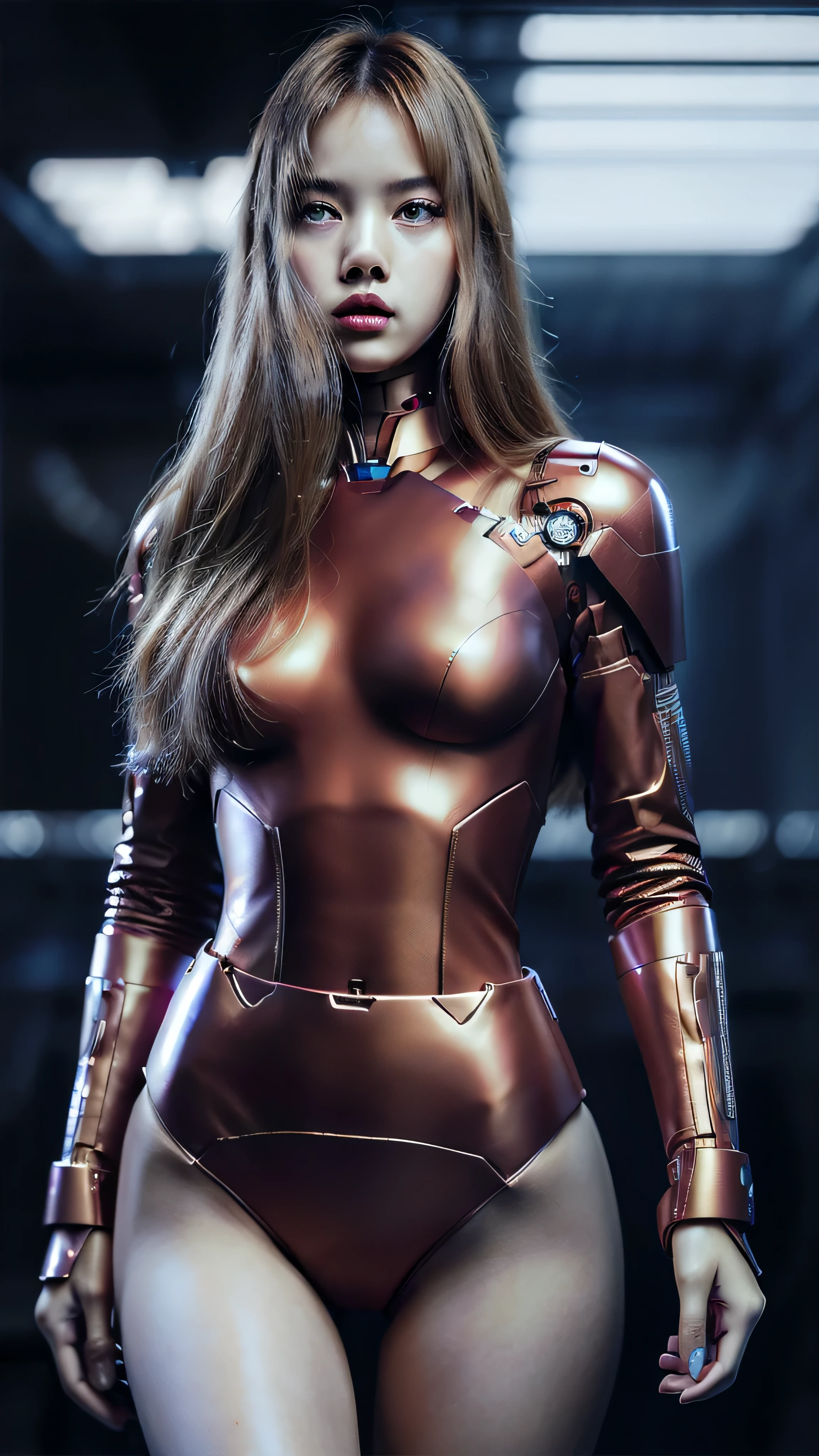 ((masterpiece, 8K, 3D, Realistic, Super Detail)), (1girl:1.3), slender , Ultra Micro photography, Super realistic, Perfect face, Beautiful features, ((Perfect female body)) Beautiful features, ( body), ((small hips)), Lisa Blackpink as ironman ((Exposed thigh)), Exposed Skin, Front Full body Shot, full body portrait, futuristic city background
