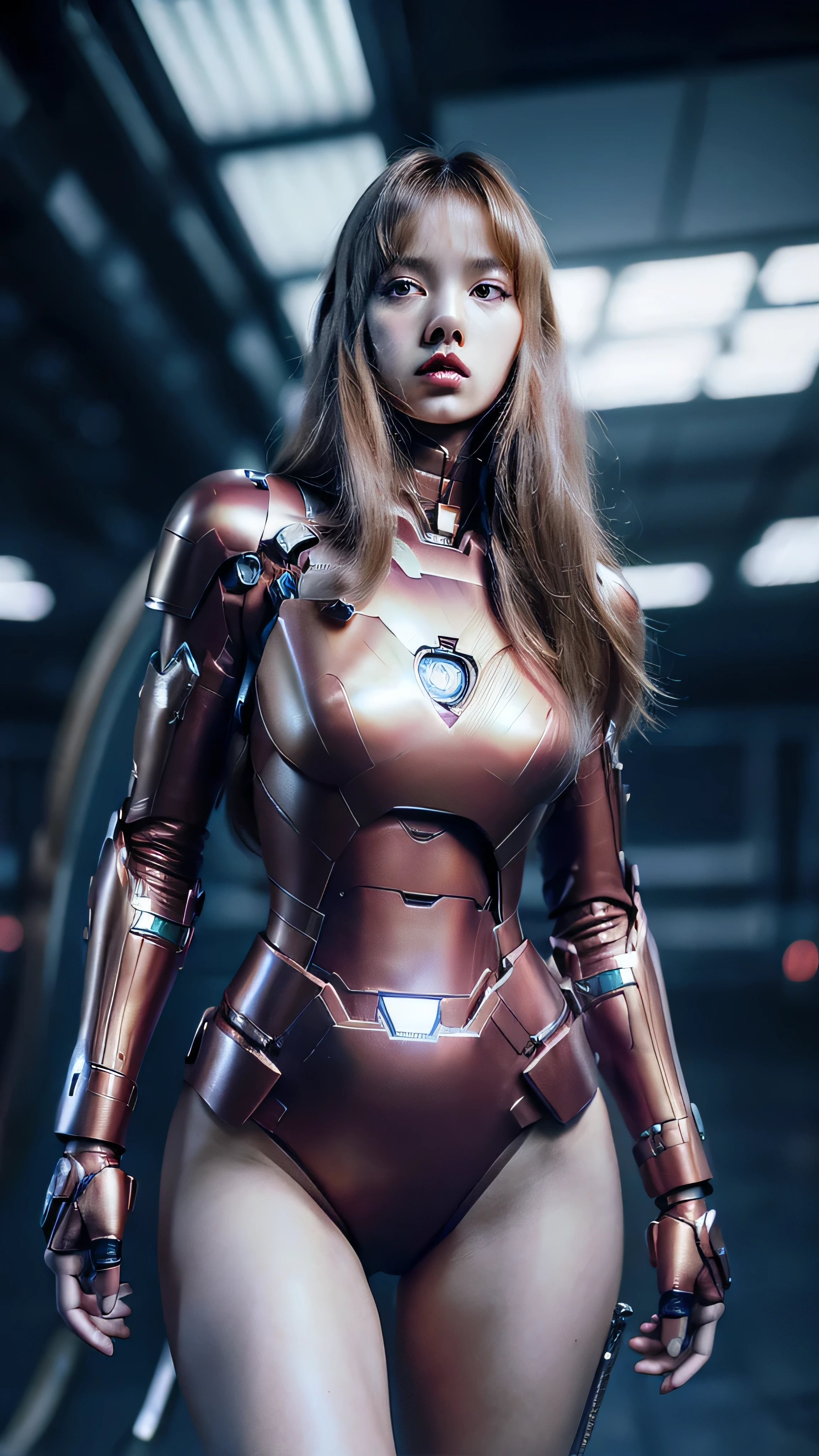 ((masterpiece, 8K, 3D, Realistic, Super Detail)), (1girl:1.3), slender , Ultra Micro photography, Super realistic, Perfect face, Beautiful features, ((Perfect female body)) Beautiful features, ( body), ((small hips)), Lisa Blackpink as ironman ((Exposed thigh)), Exposed Skin, Front Full body Shot, full body portrait, futuristic city background
