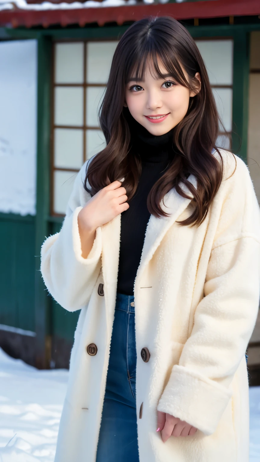 Best-quality, Masterpiece, Ultra-High-Resolution, (Photorealistic:1.4), Raw-Photo, 1girl, the most famous Japanese idol, wearing winter-coat, hands on hip, innocent-smile, dynamic-pose, extremely beautiful skins, extremely beautiful big-eyes, extremely beautiful hair, extremely cute face like the most popular Japanese idol, extremely beautiful long-eyelashes, extremely beautiful lips