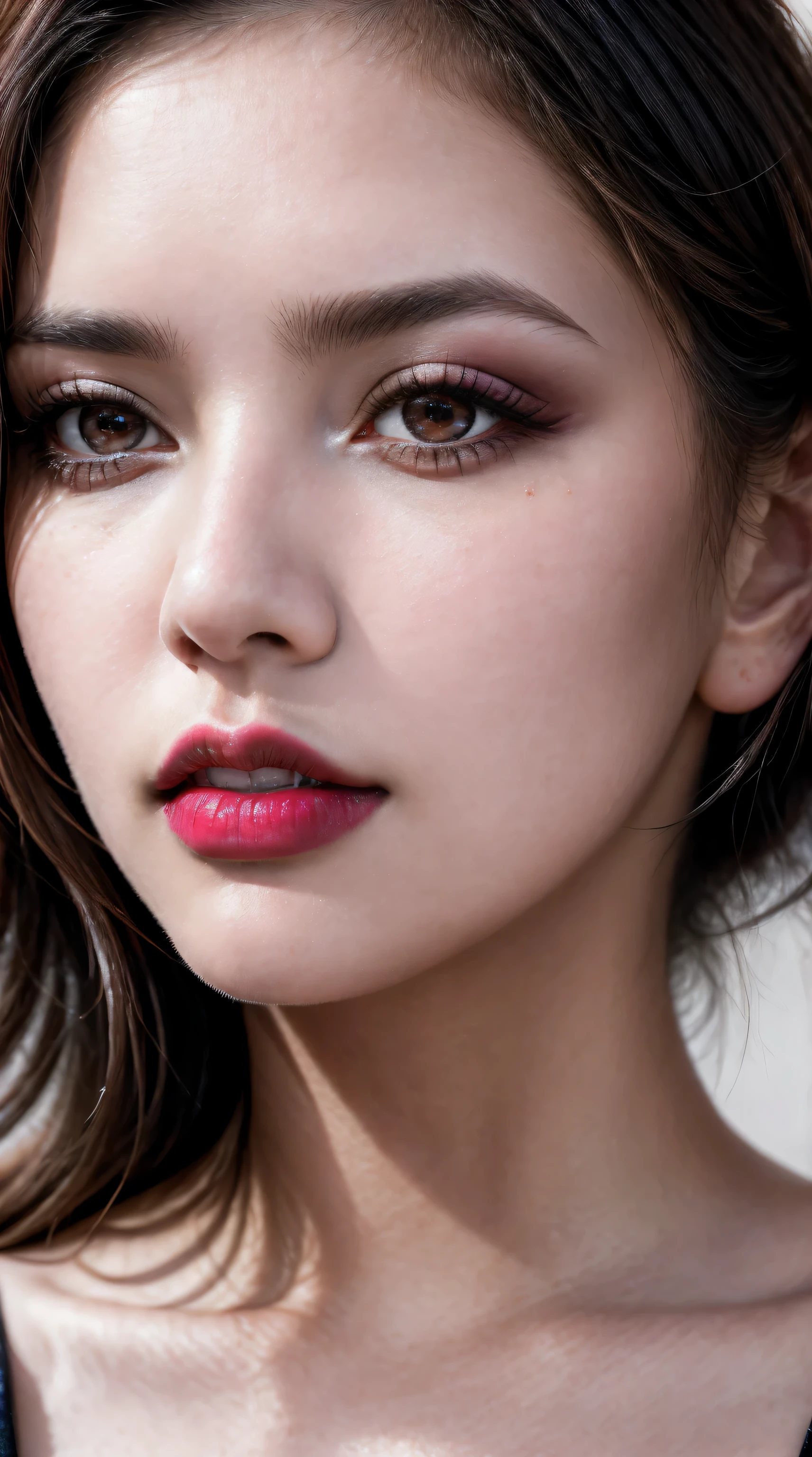 detailed portraits、 (Ultra-realistic最high quality、 8K、 The ultra -The high-definition)、(beautiful face:1.5)、(detailed face:1.4)、(detailed eyes:1.3)、(detailed lips:1.3)、(Detailed nose:1.2)、1girl:1.3 25years old、fashion supermodel、real:1.75、photorealistic:1.75、very delicate and beautiful、masterpiece, ((absurdres))、 ((sharp fous))、(Glamour, paparazzi taking pictures of her)、 (light dark short hair、extremely detailed)、 contrast、 dark shot:1.1、 2Long blue_eyeliner:1.34、 purple_eyeshadows:1.2、 (red_lipstick:1.25)、((perfect round eyes))、 ((brown_eyes:1.45))、(lighting_makeup:1.28)、(matte skin:1.44)、