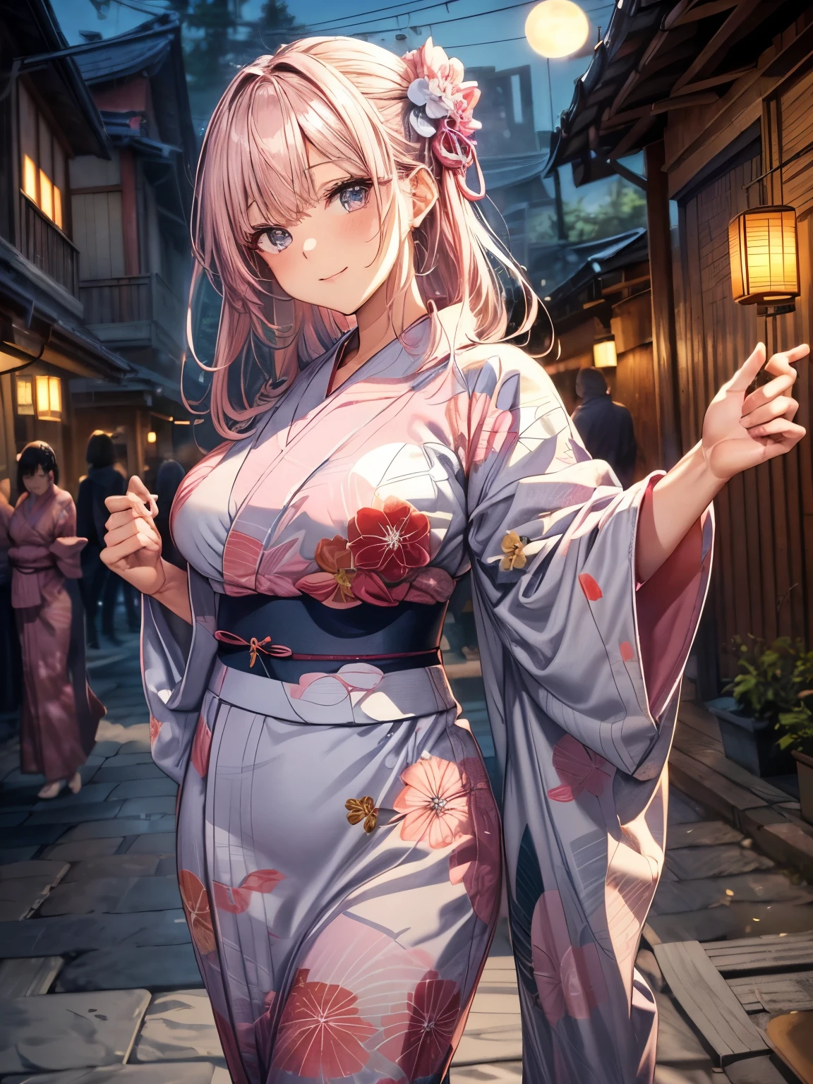 highest quality、complete limbs、Refers to the whole、1 beautiful woman、beautiful big breasted woman:1.3、pink haired woman、big smile、straight hair woman、(((Woman in pink yukata:1.3)))、((Exterior of the inn illuminated:1.3))、night、full moon、hands on hips