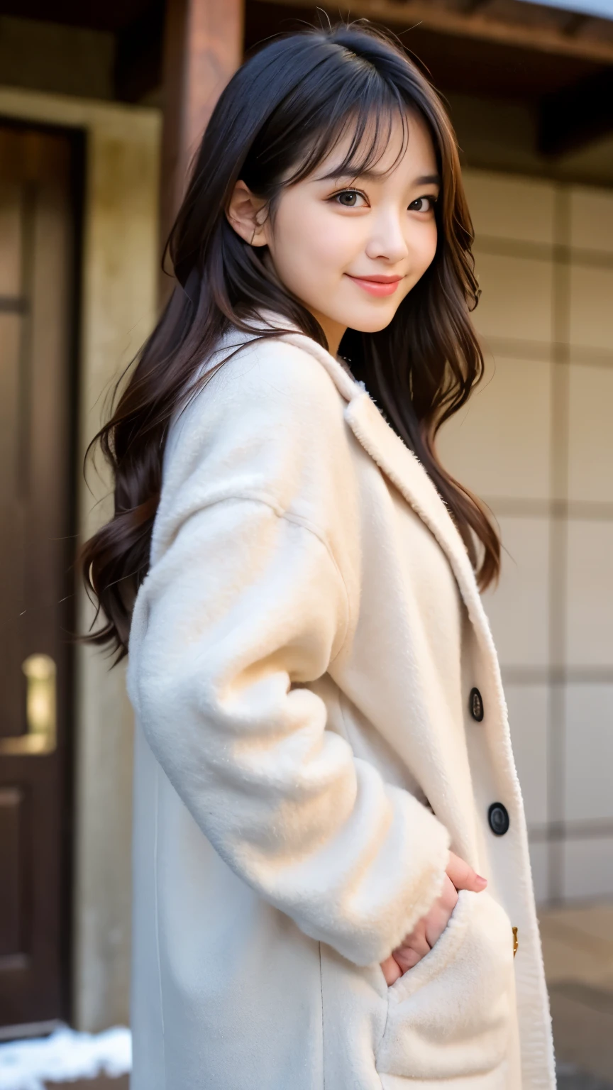 Best-quality, Masterpiece, Ultra-High-Resolution, (Photorealistic:1.4), Raw-Photo, 1girl, the most famous Japanese idol, wearing winter-coat, hands on hip, upturned ass, innocent-smile, dynamic-pose, extremely beautiful skins, extremely beautiful big-eyes, extremely beautiful hair, extremely cute face like the most popular Japanese idol, extremely beautiful long-eyelashes, extremely beautiful lips