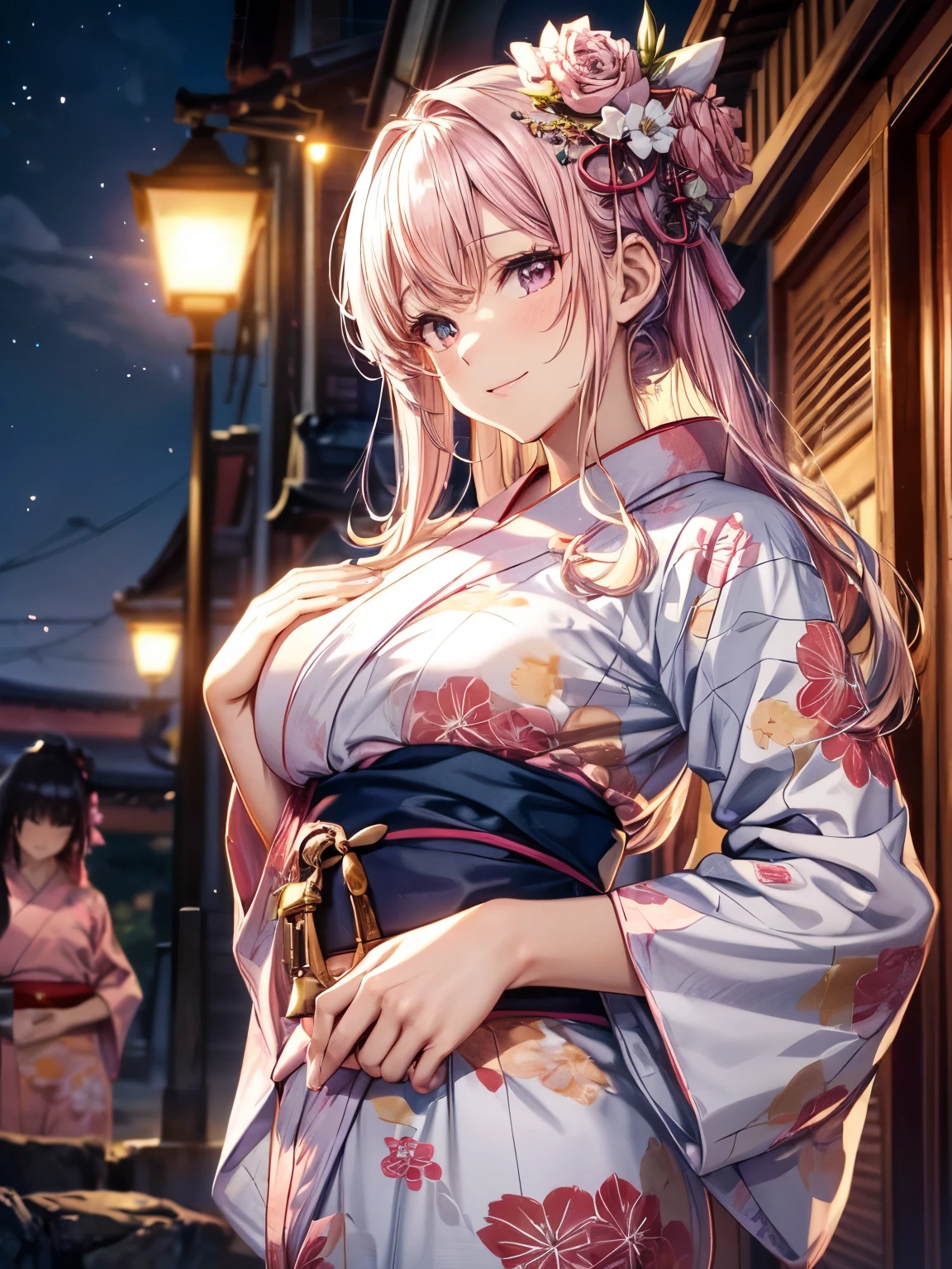 highest quality、complete limbs、Refers to the whole、1 beautiful woman、beautiful big breasted woman:1.3、pink haired woman、big smile、straight hair woman、(((Woman in pink yukata:1.3)))、((Exterior of the inn illuminated:1.3))、night、full moon、hands on hips