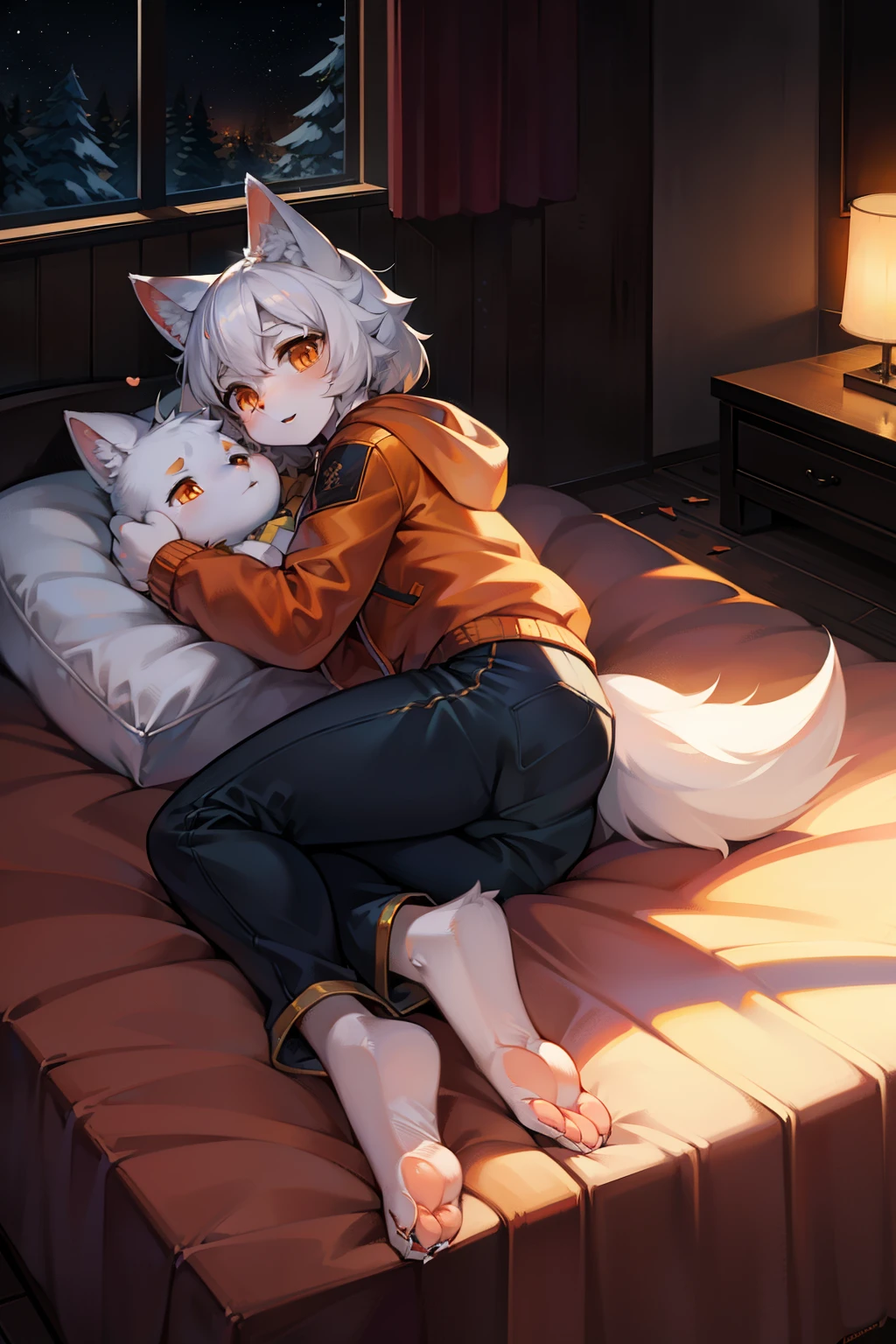 living room,Full body female love,teen wolf,number,masterpiece,Orange down jacket,hairy tail,Highest image quality,8k,Full HD backgrounds,cartoon style,charming,Komono、Pants,male,stuffed toys,hairy,white fur,white body,white ears,orange eyes,the only person, wolf tail, wolf ears, ((broken into pieces)),soft lines,soft lines of clothing,night,lying on bed,forest