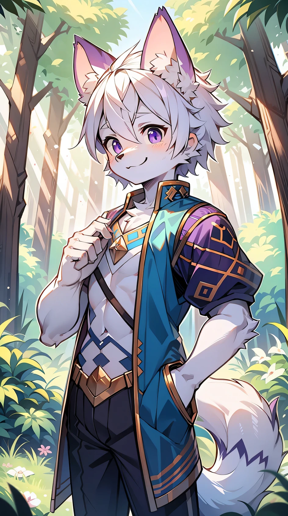 The male wolf is 180 cm tall，blue-purple eyes, short, silver hair，end,  The upper body shows off the perfect figure，Purple and gold clothes，With a smile，two small ears，Fair-skinned standing ，in the woods