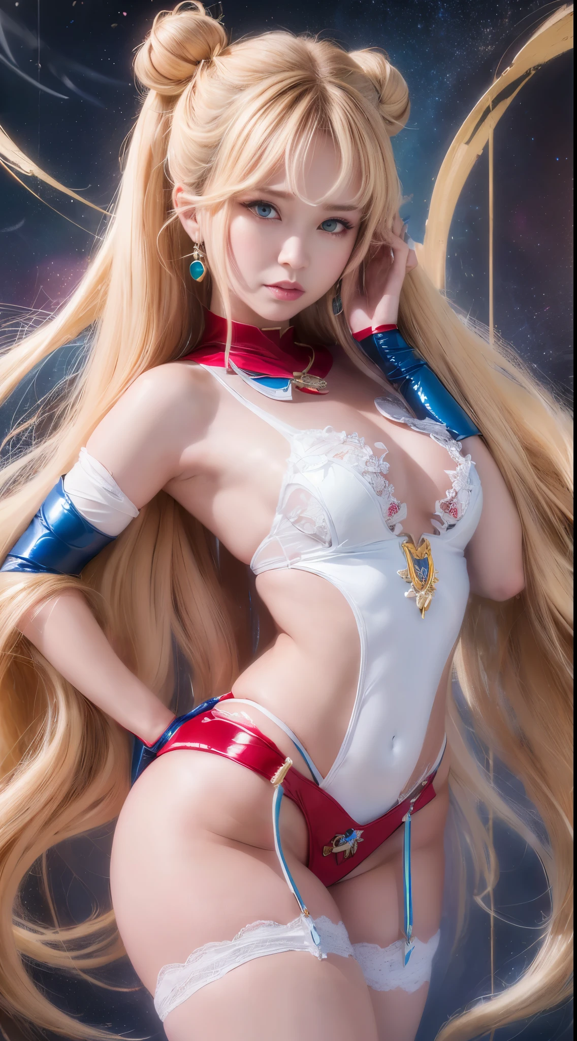 NSFW,table top、full:1.3、stand、8k、。.3D、realistic、super micro photography、highest quality、Wallpapers with extreme details CG Unity 8k、from below、intricate details、(1 female)、28 years old、(sailor moon:1.6 Super Bishoujo Senshi sailor moon Mer1、Meisha Onfu,Tierra、sailor warrior uniform Sailor:1.5、sailor moon:1.5,Eternal sailor moon)、(Incredibly long and bright blonde twintails:1.4、thin and very long straight twin tail blonde, bun hair、Red round hair ornament for hair bun)、((sailor warrior uniform、sailor color,pregate mini skirt:1.5、Glossy pleated mini skirt:1.3、very large red ribbon on the chest,,,,,、white long latex gloves,red gloves on the elbows、A gorgeous golden tiara on the forehead、Ear Nipple Ring,luxury golden jewelry))、Extremely thin and fitted high gloss white holographic leather、High-gloss white latex high-leg swimsuit that shines like oil,(facial details:1.5、bright blue eyes、Beautifull expression、beautidfull eyes、iris outline, shining eyes、thin唇:1.5、thin and sharp pale eyebrows,、long and thick eyelashes、double eyelashes、thin, thin and muscular,,,、small face、tall and big breasts、perfect proportions、big breasts thin waist、sexy model posing、dynamic pose,visible pores、enchanting smile、perfect hands:1.5、octane rendering、very dramatic picture、(moonの神性,space background、moon明かりの光線、moon、dynamic background、exquisite light and shadow、dynamic angle、detailed background),strong natural light、sunlight、Digital single-lens reflex camera、sharp focus: 1.0、maximum clarity and sharpness