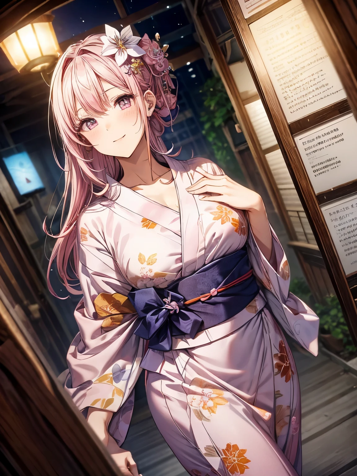 highest quality、complete limbs、Refers to the whole、1 beautiful woman、beautiful big breasted woman:1.3、pink haired woman、big smile、straight hair woman、(((Woman in pink yukata:1.3)))、((Exterior of the inn illuminated:1.3))、night、full moon、hands on hips