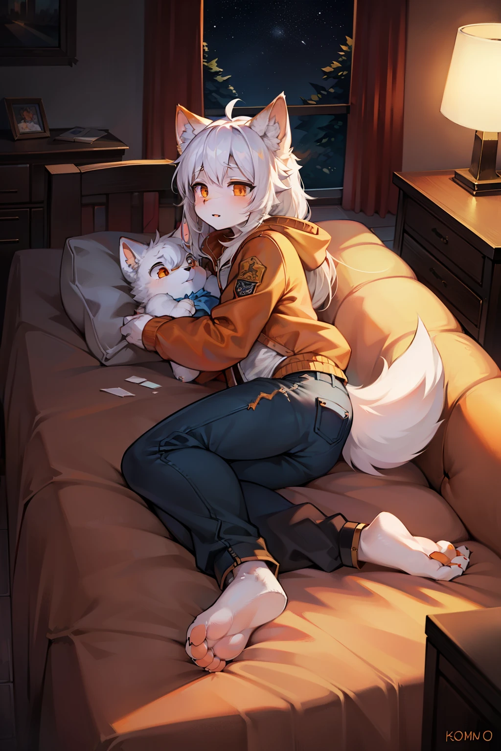 living room,Full body female love,teen wolf,number,masterpiece,Orange down jacket,hairy tail,Highest image quality,8k,Full HD backgrounds,cartoon style,charming,Komono、Pants,male,stuffed toys,hairy,white fur,white body,white ears,orange eyes,the only person, wolf tail, wolf ears, ((broken into pieces)),soft lines,soft lines of clothing,night,lying on bed,forest