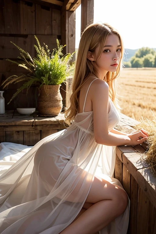 farmer girl, feminin, soft light, backlight, in a barn, laying on pile of straw, she is wearing a very thin dress, sun is shining through her short chiffon dress, the silhouette of her body is visible, her dress is from very thin chiffon and very transparent, Full body shot, very beautiful face, she wears no underwear, blond hair, nipples are visible through dress, Side profile
