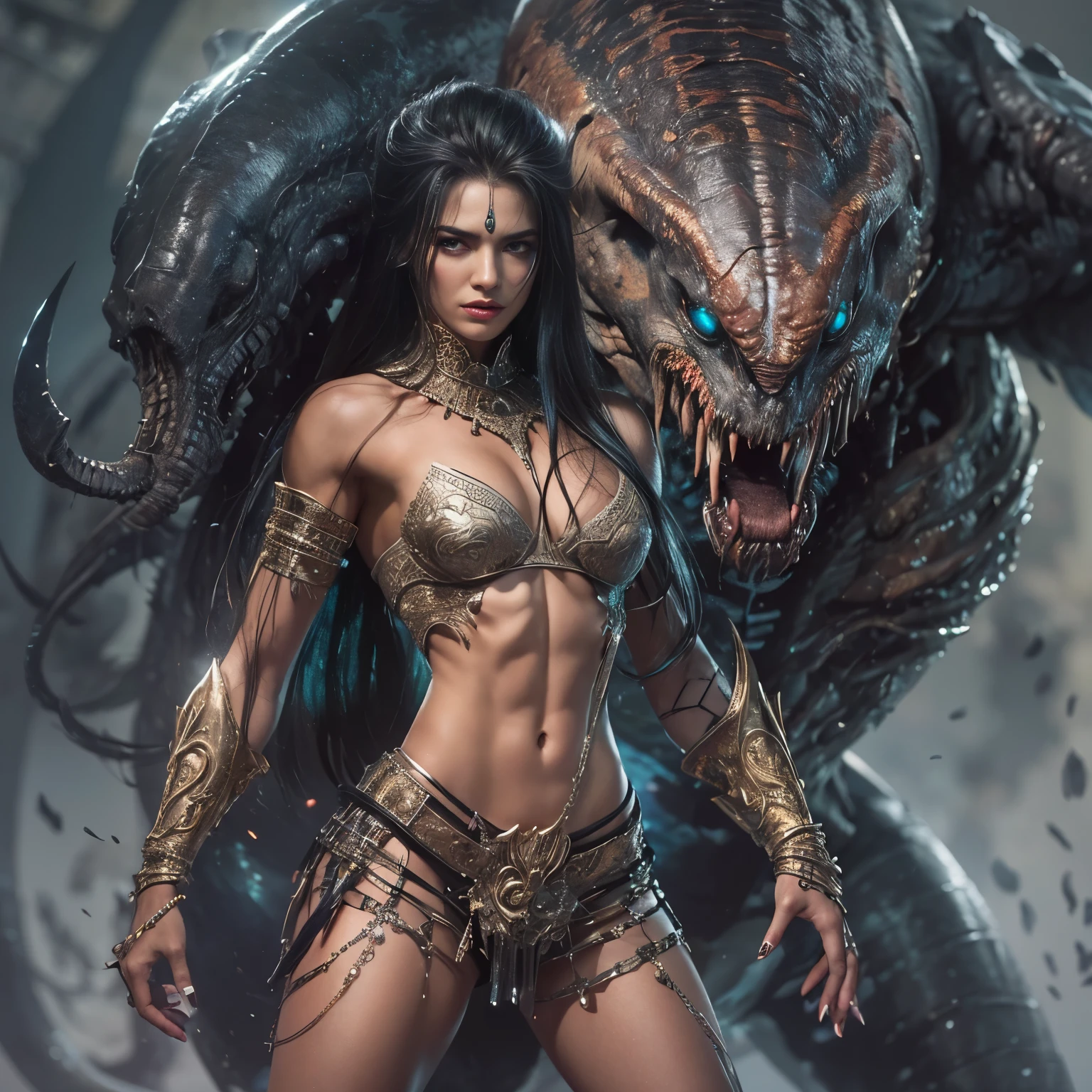 1 female alien, The predator, warrior, (extremely beautiful:1.2), (intense gaze:1.4), (predator:1.1), long dark claws, NSFW,  nipples, thick eyebrows, glowing and shining golden eyes, the most beautiful face in the universe, black hair,

A woman with an extremely beautiful face, her intense gaze fixed on her prey, a primal force that could not be denied.

(extreamly beautiful lean body:1.5), (ultra muscular build:1.2), (prowling:1.3), (sleek movements:1.4),

Her beautiful body, muscular and toned, moved with sleek grace as she prowled, ready to strike at a moment's notice. The predator within her was always on