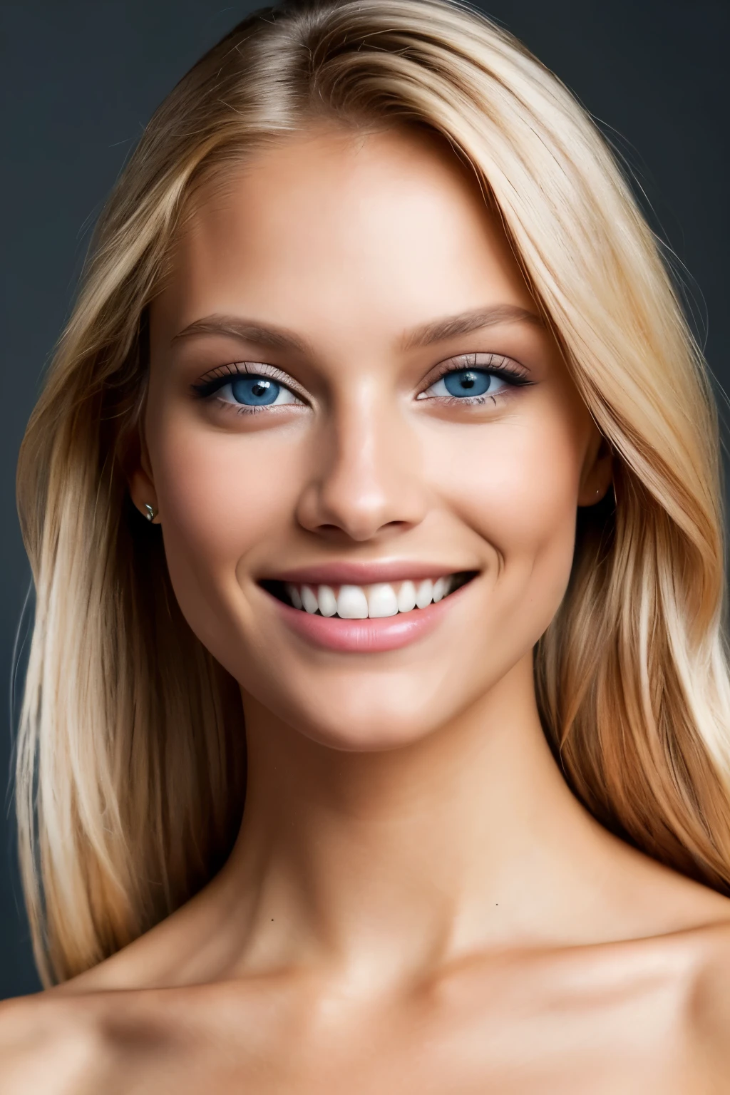 A close-up photograph from above of a dark-skinned blonde with perfect eyes and a smile,The image features a well-lit, radiant complexion, with the model's cheekbones subtly illuminated, The background is dark, adding contrast to the model's flawless features, The photograph showcases a high level of detail and sharp focus, highlighting the model's striking blue eyes and captivating smile, With a crisp, clear image quality and a subtle bokeh effect, this photograph is a true masterpiece that highlights the beauty of the model, perfect for a sophisticated and alluring look. (Detail: oval face shape, smooth skin, well-defined facial features