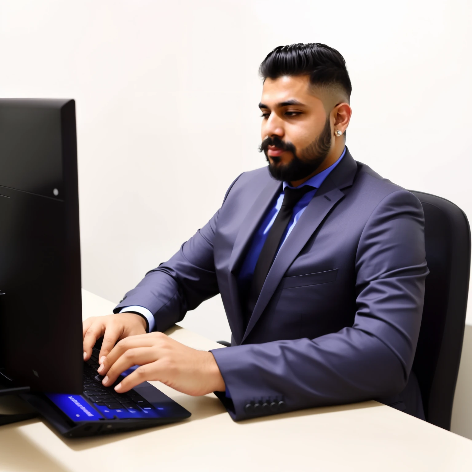 there is a man sitting at a table with a laptop, foto profissional, advogado curdo, foto de perfil profissional, sentado em um computador desk, sentado em um computador, na frente de um computador, Khyzyl Saleem, mother's mustach, usando seu PC desktop, Kyza Saleem, working in a modern and stylish office, no fundo existem prateleiras e nichos com diversos livros, demonstrando toda seriedade um advogado.