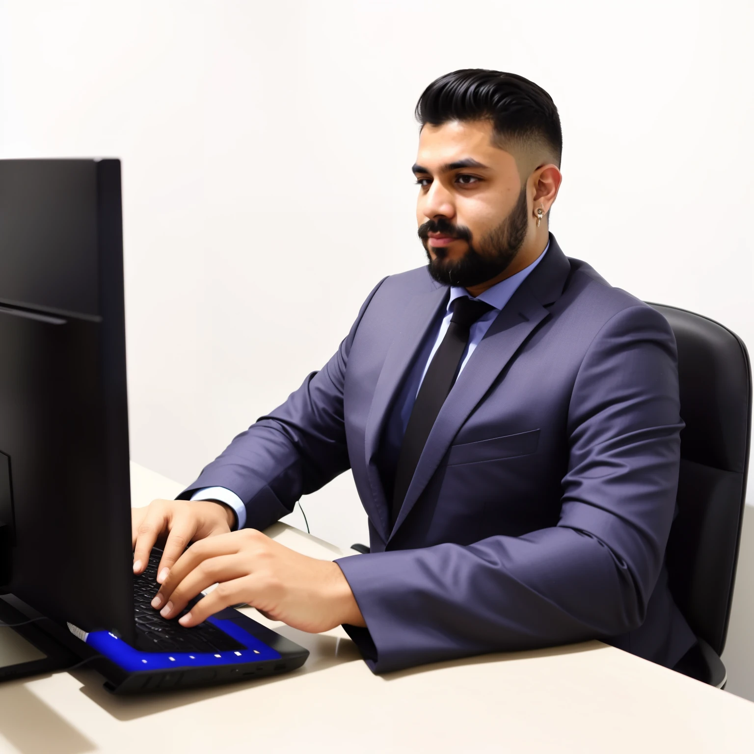 there is a man sitting at a table with a laptop, foto profissional, advogado curdo, foto de perfil profissional, sentado em um computador desk, sentado em um computador, na frente de um computador, Khyzyl Saleem, mother's mustach, usando seu PC desktop, Kyza Saleem, working in a modern and stylish office, no fundo existem prateleiras e nichos com diversos livros, demonstrando toda seriedade um advogado.