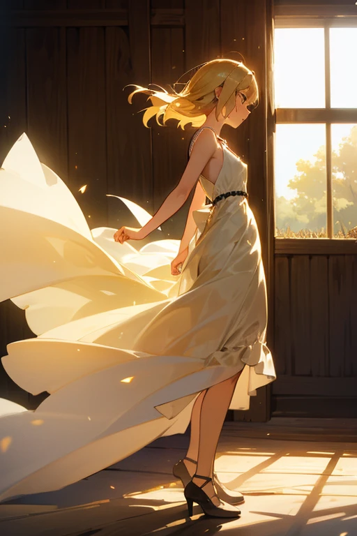 farmer girl, feminin, soft light, backlight, in a barn, laying on pile of straw, she is wearing a very thin dress, sun is shining through her short chiffon dress, the silhouette of her body is visible, her dress is from very thin chiffon and very transparent, Full body shot, very beautiful face, she wears no underwear, blond hair,  are visible through dress, Side profile