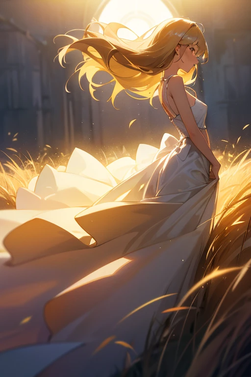 (safe:1.10), best quality, masterpiece, highres, solo, (saber_fatestaynightufotable:1.10), anime_style, 24 ,funny expression,big breast,Falling autumn leaves,autumn leaves,moonlight,cowboy shot, full body shot,white and Gold embroidery　 dress,black 
 and gold ribbon,smile,sholder nude,Wave own left hand