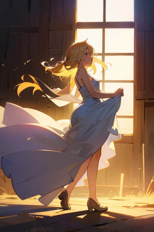 farmer girl, feminin, soft light, backlight, in a barn, laying on pile of straw, she is wearing a very thin dress, sun is shining through her short chiffon dress, the silhouette of her body is visible, her dress is from very thin chiffon and very transparent, Full body shot, very beautiful face, she wears no underwear, blond hair, nipples are visible through dress, Side profile