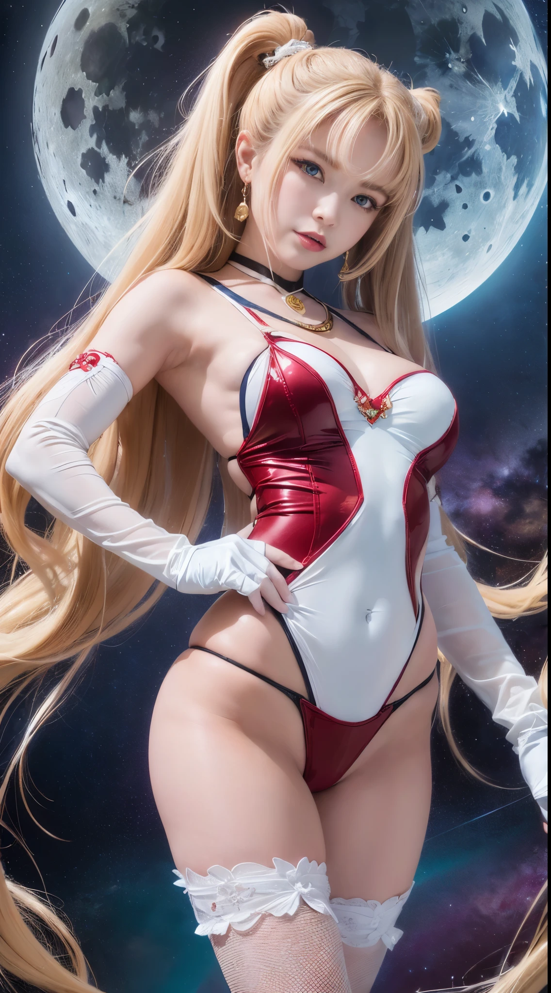 NSFW,table top、full:1.3、stand、8k、。.3D、realistic、super micro photography、highest quality、Wallpapers with extreme details CG Unity 8k、from below、intricate details、(1 female)、28 years old、(sailor moon:1.6 Super Bishoujo Senshi sailor moon Mer1、Meisha Onfu,Tierra、sailor warrior uniform Sailor:1.5、sailor moon:1.5,Eternal sailor moon)、(Incredibly long and bright blonde twintails:1.4、thin and very long straight twin tail blonde, bun hair、Red round hair ornament for hair bun)、((sailor warrior uniform、sailor color,pregate mini skirt:1.5、Glossy pleated mini skirt:1.3、very large red ribbon on the chest,,,,,、white long latex gloves,red gloves on the elbows、A gorgeous golden tiara on the forehead、Ear Nipple Ring,luxury golden jewelry))、Extremely thin and fitted high gloss white holographic leather、High-gloss white latex high-leg swimsuit that shines like oil,(facial details:1.5、bright blue eyes、Beautifull expression、beautidfull eyes、iris outline, shining eyes、thin唇:1.5、thin and sharp pale eyebrows,、long and thick eyelashes、double eyelashes、thin, thin and muscular,,,、small face、tall and big breasts、perfect proportions、big breasts thin waist、sexy model posing、dynamic pose,visible pores、enchanting smile、perfect hands:1.5、octane rendering、very dramatic picture、(moonの神性,space background、moon明かりの光線、moon、dynamic background、exquisite light and shadow、dynamic angle、detailed background),strong natural light、sunlight、Digital single-lens reflex camera、sharp focus: 1.0、maximum clarity and sharpness