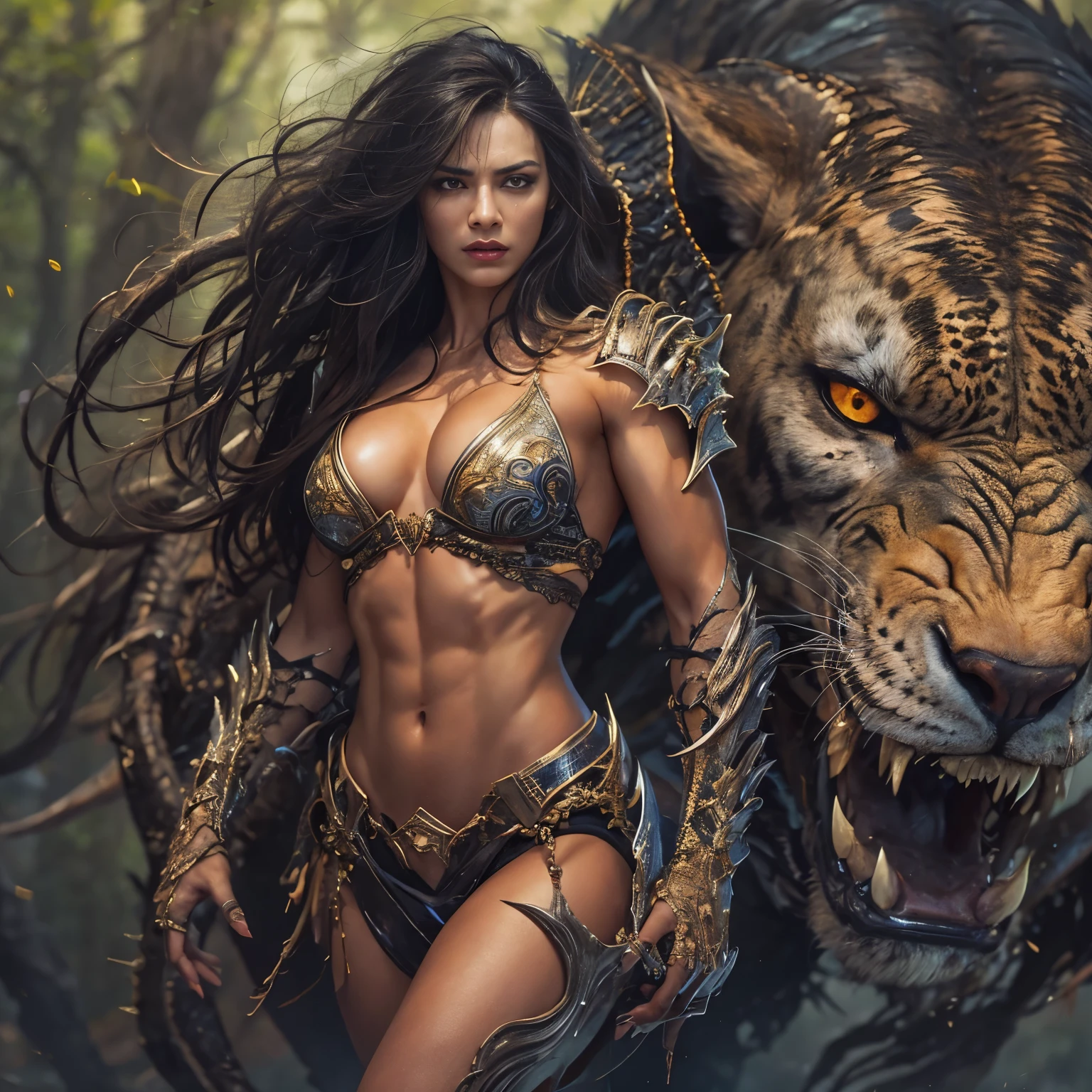 1 female alien, The predator, warrior, (extremely beautiful:1.2), (intense gaze:1.4), (predator:1.1), long dark claws, NSFW,  nipples, thick eyebrows, glowing and shining golden eyes, the most beautiful face in the universe, black hair,

A woman with an extremely beautiful face, her intense gaze fixed on her prey, a primal force that could not be denied.

(extreamly beautiful lean body:1.5), (ultra muscular build:1.2), (prowling:1.3), (sleek movements:1.4),

Her beautiful body, muscular and toned, moved with sleek grace as she prowled, ready to strike at a moment's notice. The predator within her was always on