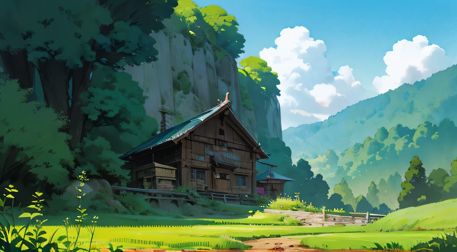 (((highest quality))),single build,architecture, green_null, building,cloudy_null, Day, fantasy, fence, field, Home, build,architecture,landscape, moss, outdoors, overgrown, path, river, road, rock, scenery, null, sword, tower, wood, waterfall ,