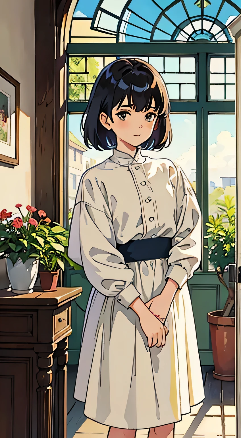 ((Sargent style watercolor))、(highest quality、masterpiece)、soft light、1 Tree Shop, There is a beautiful girl who takes care of plants, One front door、There is one green window, On the windows there are potted plants and flowers