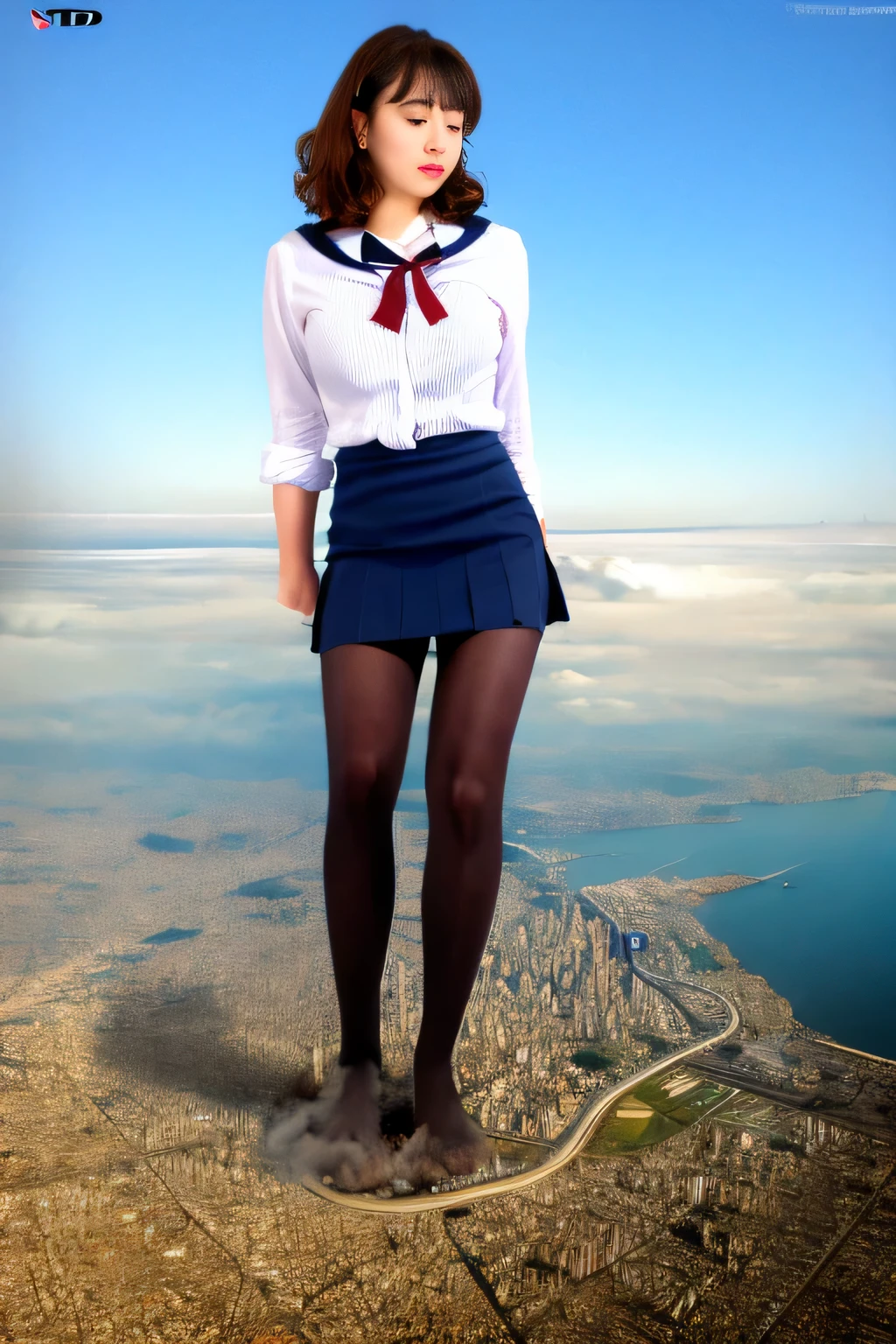Giantの芸術, 非常に詳細なGiantショット, Giant, short hair, A high school girl who is much bigger than a skyscraper, wearing rimless glasses, big breasts, big ass, navy blazer, red tie, mini skirt, black pantyhose, pantyhose barefoot, Steam comes out from the soles of the feet, very small metropolis, miniature metropolis, crush the big city, full body description, ＧＴＳ, ギガGiant, stomping city, crash city, small town, micro city, High resolution, highest quality, masterpiece, myself peeing